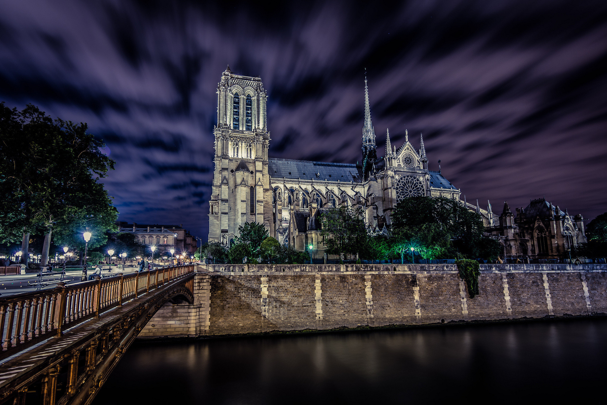 Notre-Dame, Parigi, Notte, Lunga esposizione, Full HD, sfondo per PC e portatile