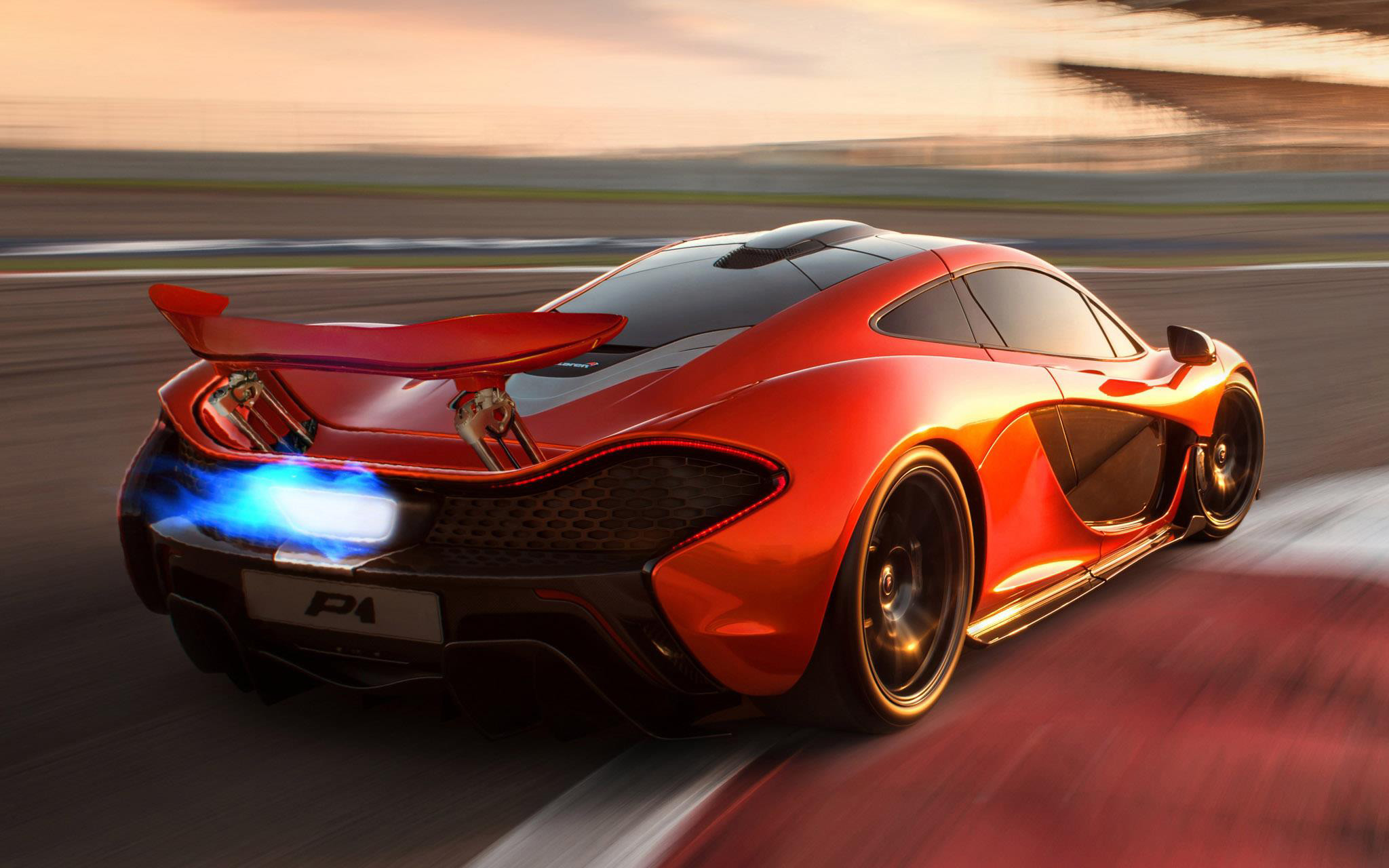 McLaren P1, Fiamme di scarico, Arancione, Pista, Mosso, Full HD, wallpaper per computer