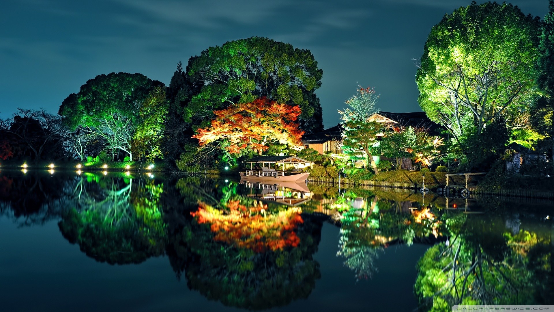 Giardino giapponese, Lago, Riflesso, Notte, Illuminazione, Full HD, sfondo per il tuo desktop