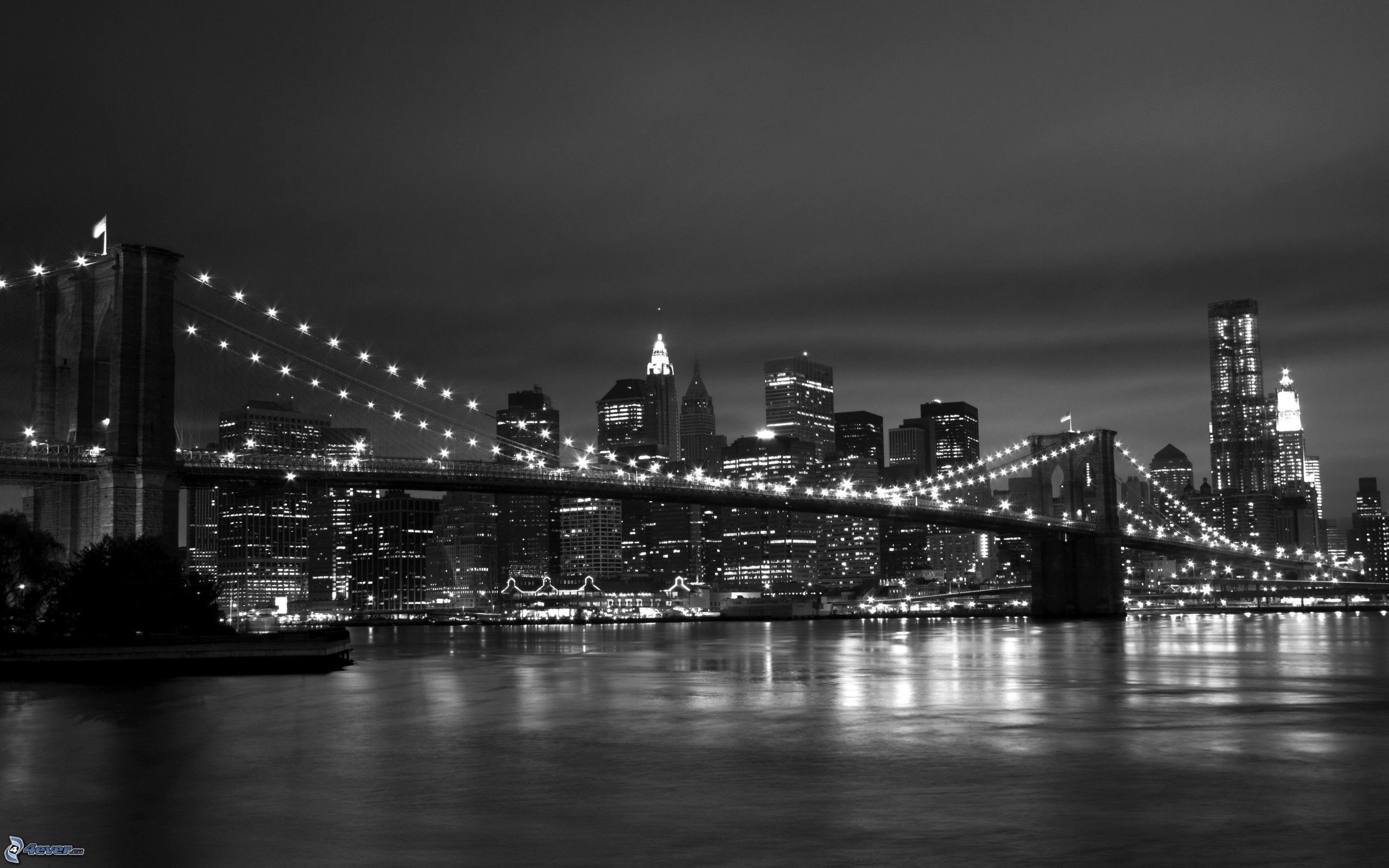 Ponte di Brooklyn, New York, Bianco e nero, Notte, 16:10 2K, sfondo widescreen