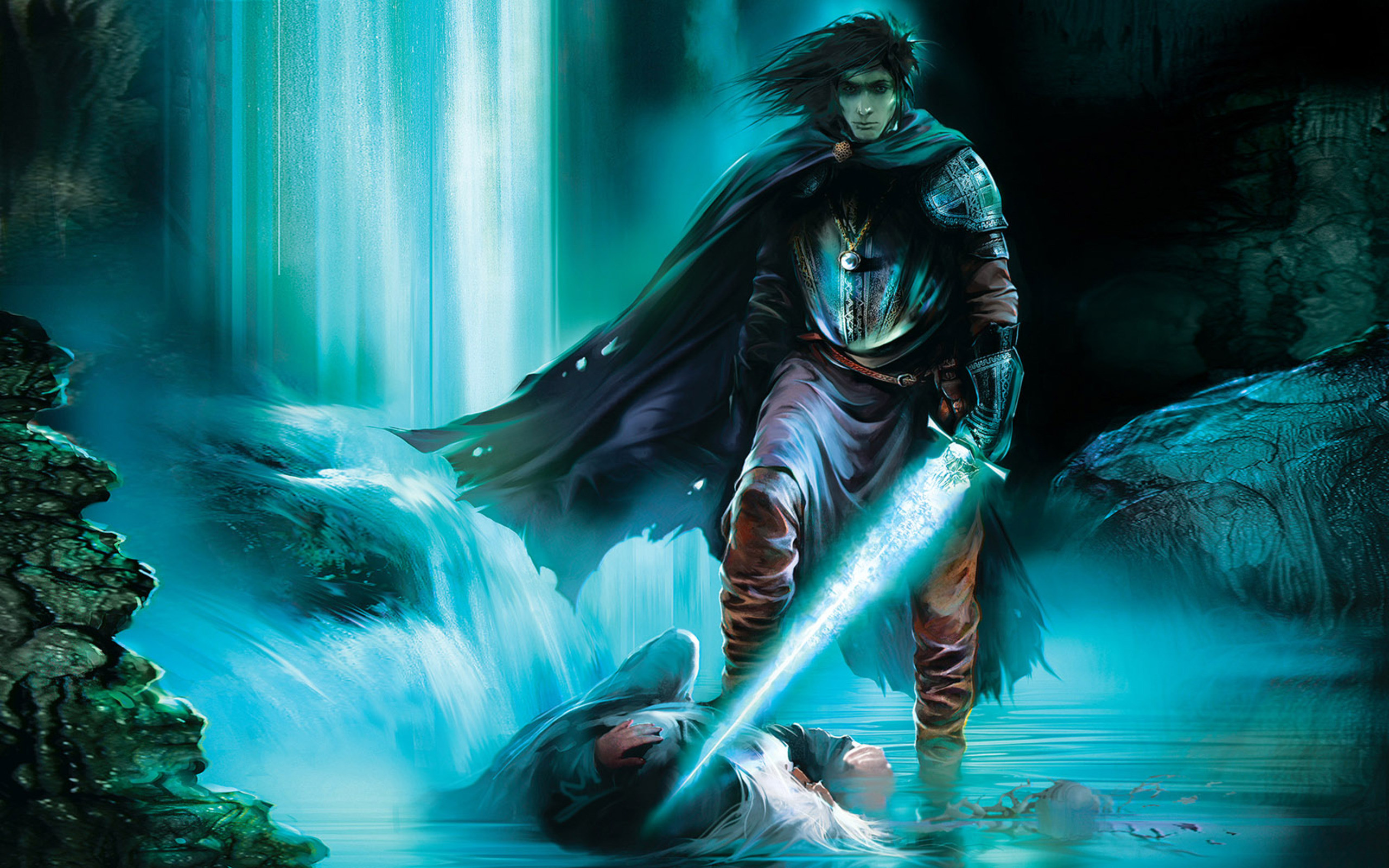 Guerriero, Spada luminosa, Cascata, Toni turchesi, 2560x1600, sfondo per PC