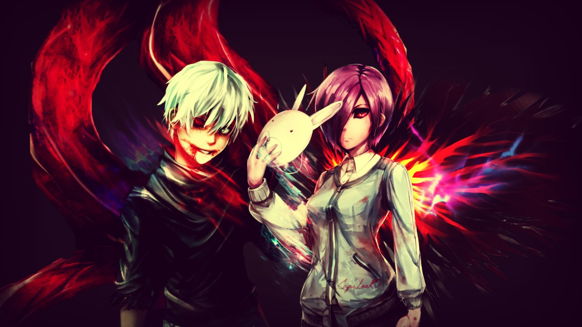 Touka Kirishima, Ken Kaneki, Tokyo Ghoul, Maschera da coniglio, Rosso, sfondo desktop Full HD