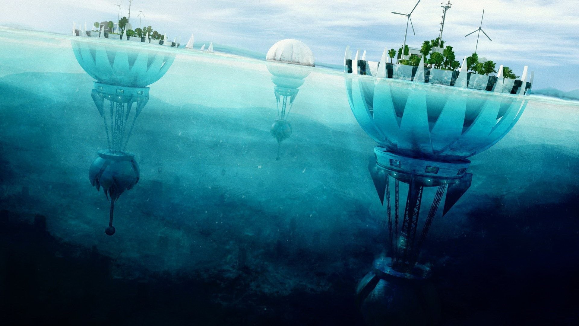 Città galleggiante, Oceano, Sott'acqua, Pale eoliche, Fantascienza, sfondo Full HD per PC