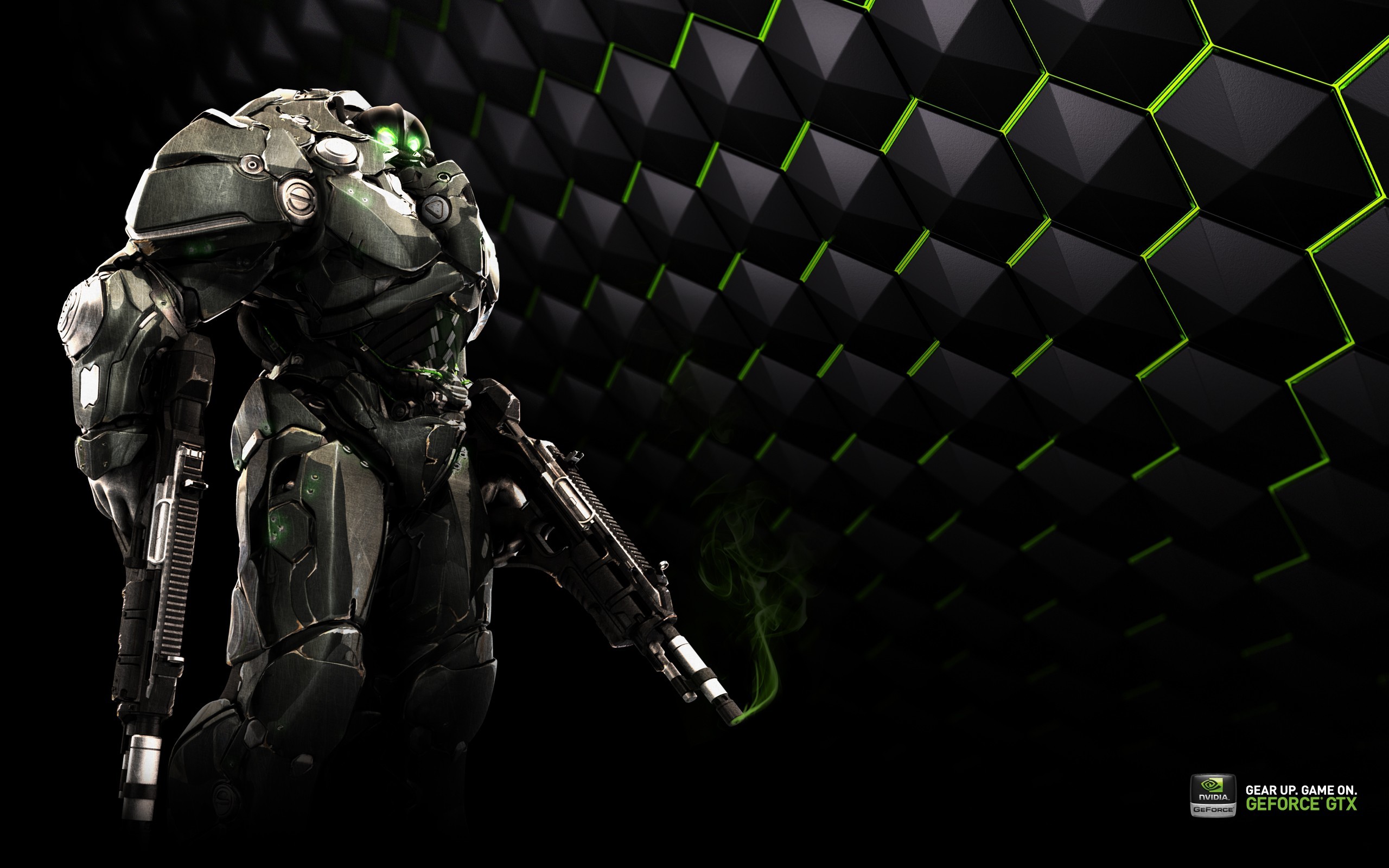 GeForce GTX, Nvidia, Soldato in armatura, Fantascienza, Esagoni, sfondo per portatile