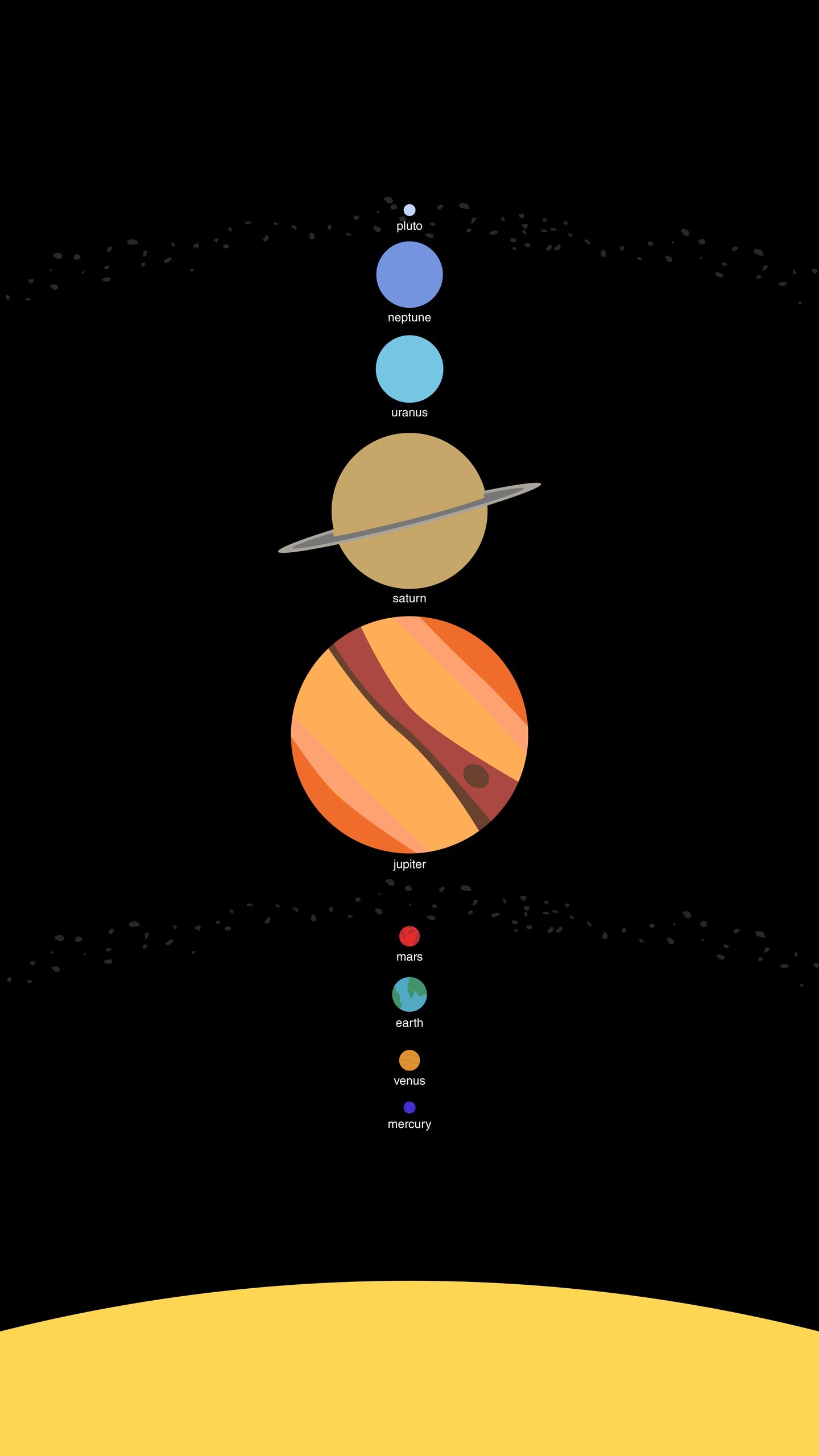 Sistema solare, Pianeti, Minimalismo, Sfondo nero, QHD+, schermata di blocco del cellulare