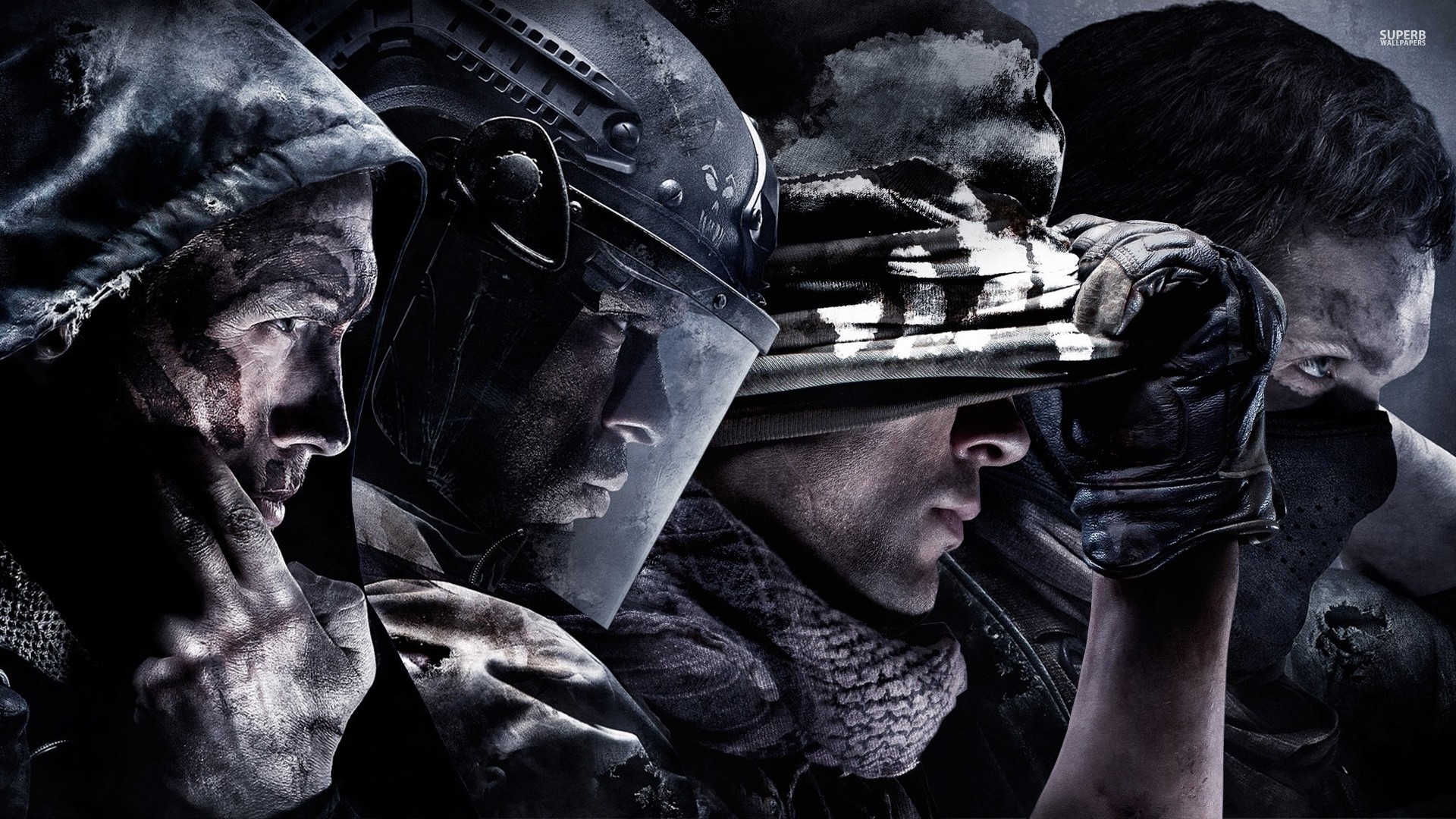Call of Duty: Ghosts, Soldati, Primo piano, Bianco e nero, 16:9 Full HD, sfondo widescreen