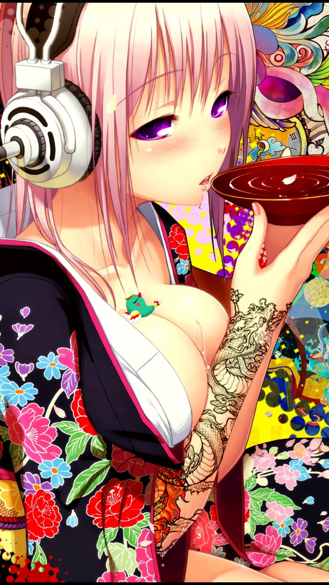 Super Sonico, Cuffie, Kimono, Tatuaggio, 1080x1920, schermata di blocco iPhone