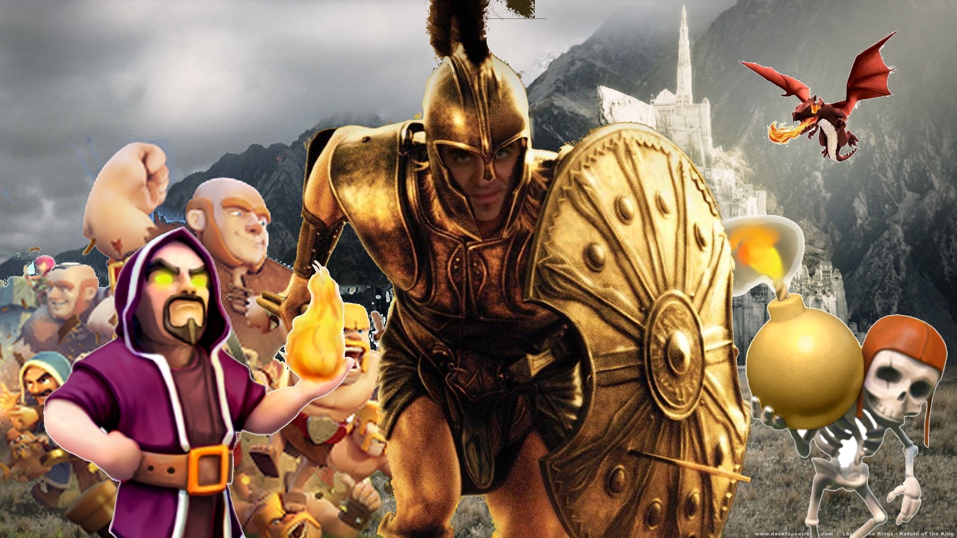 Stregone, Barbaro, Drago, Clash of Clans, Guerriero spartano, Montagne, sfondo desktop Full HD