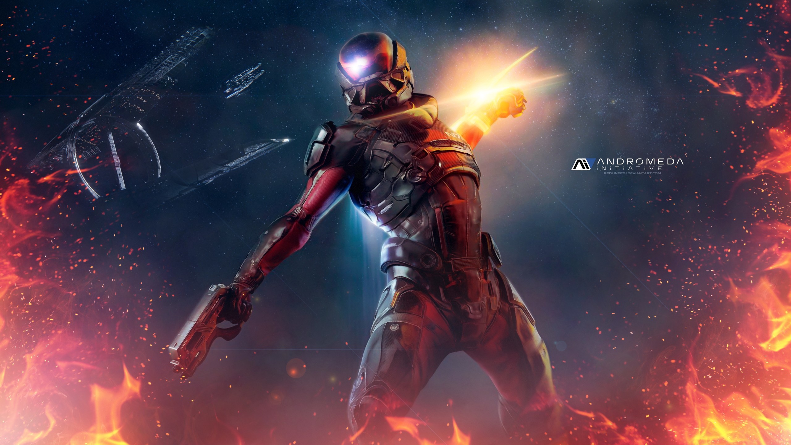 Mass Effect: Andromeda, Ryder, Armatura N7, Fiamme, Pistola, 2K, sfondo desktop