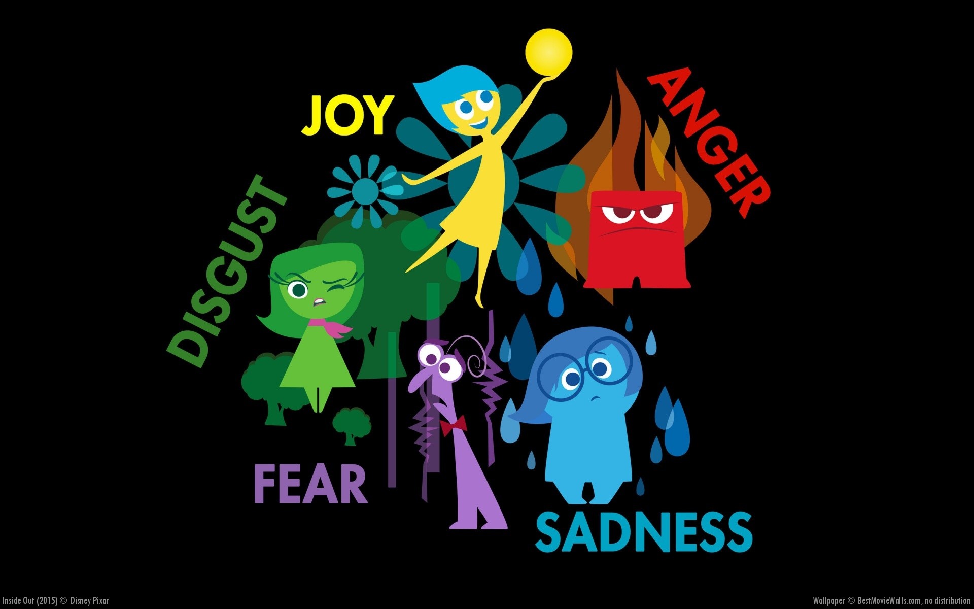 Gioia, Rabbia, Disgusto, Paura, Tristezza, Inside Out, Sfondo nero, Scritte, wallpaper desktop