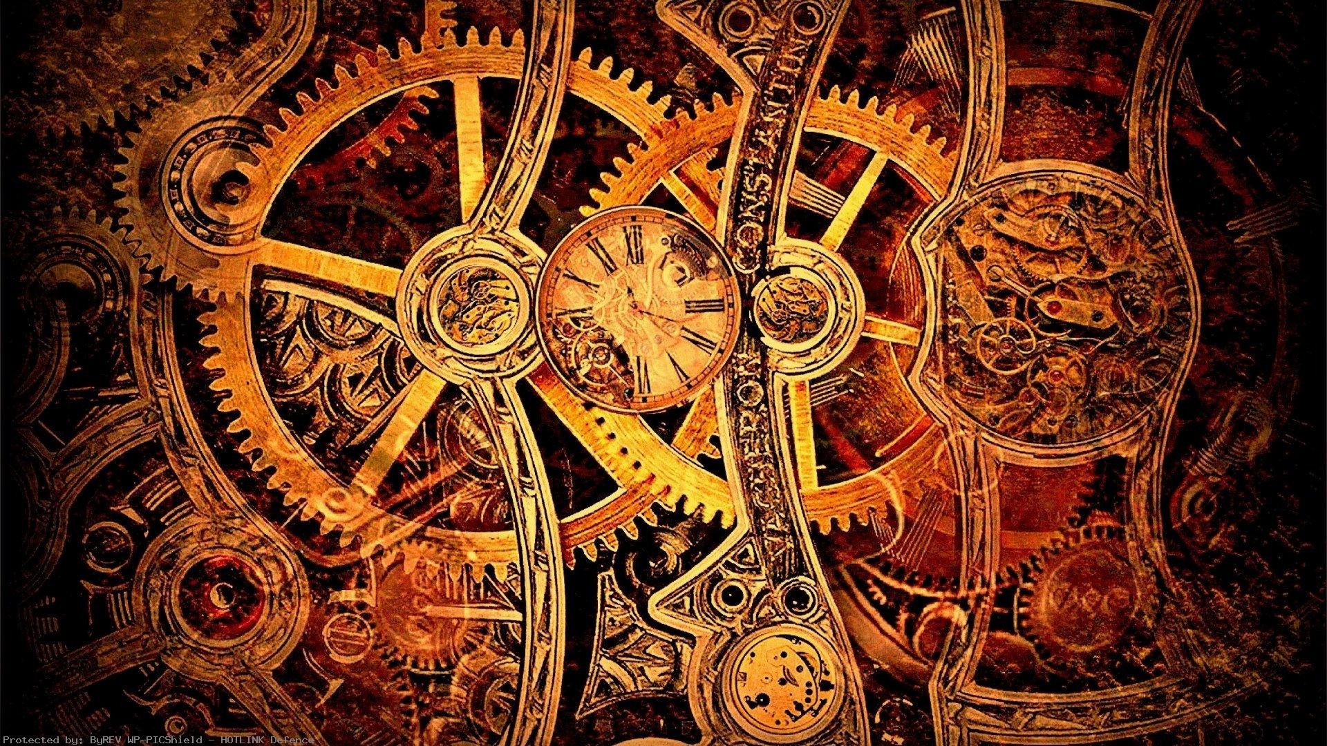 Ingranaggi, Orologio, Arancione, Steampunk, 16:9 Full HD, wallpaper widescreen