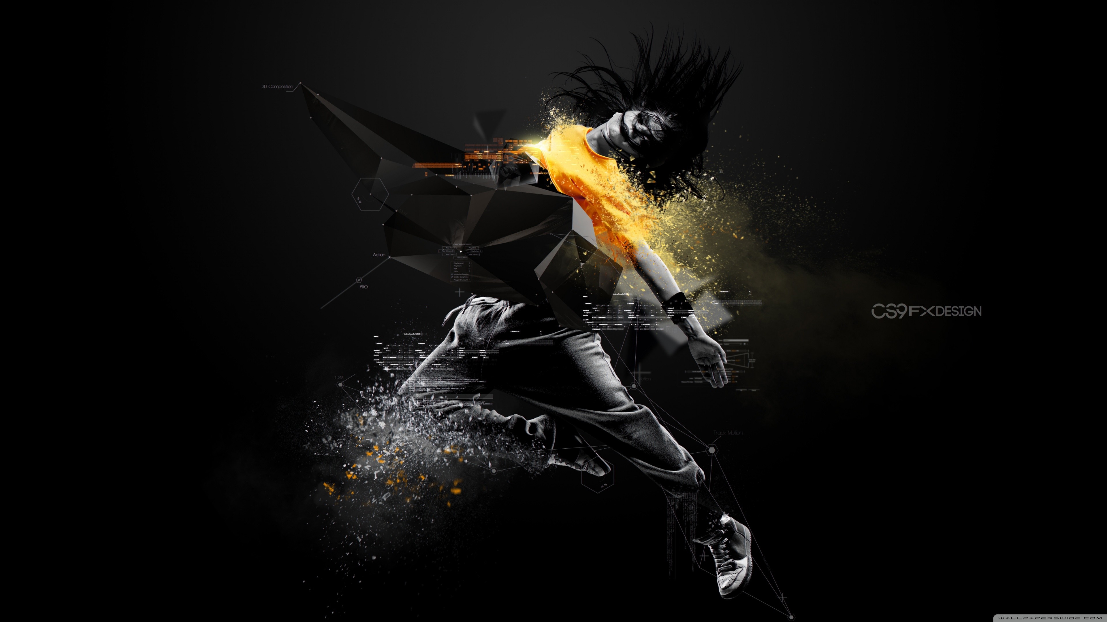 Ballerino, Dispersione, Arte digitale, Sfondo nero, 4K, wallpaper per desktop