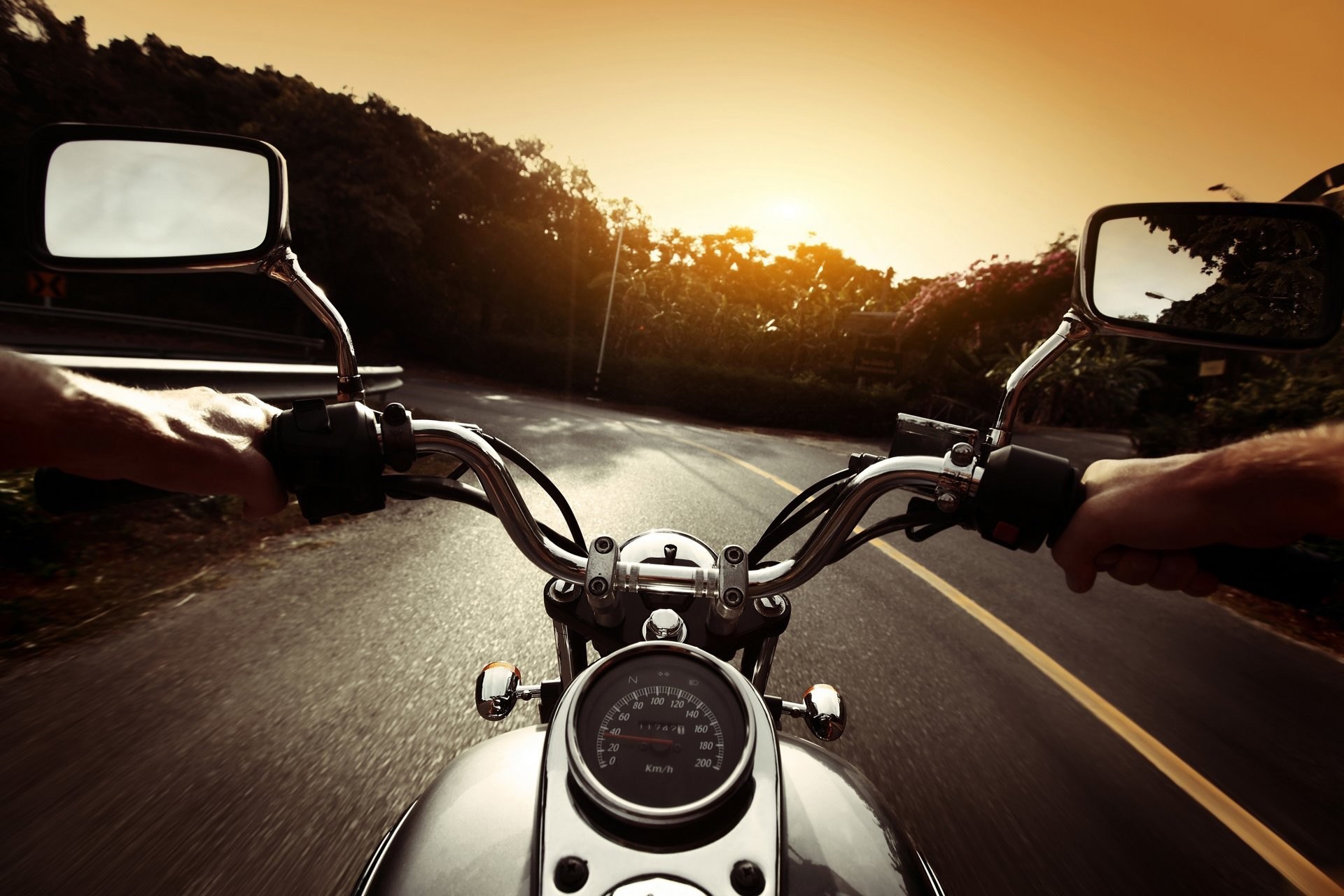 Vista dal manubrio, Strada, Tramonto, Specchietti, Full HD, sfondo per PC e portatile