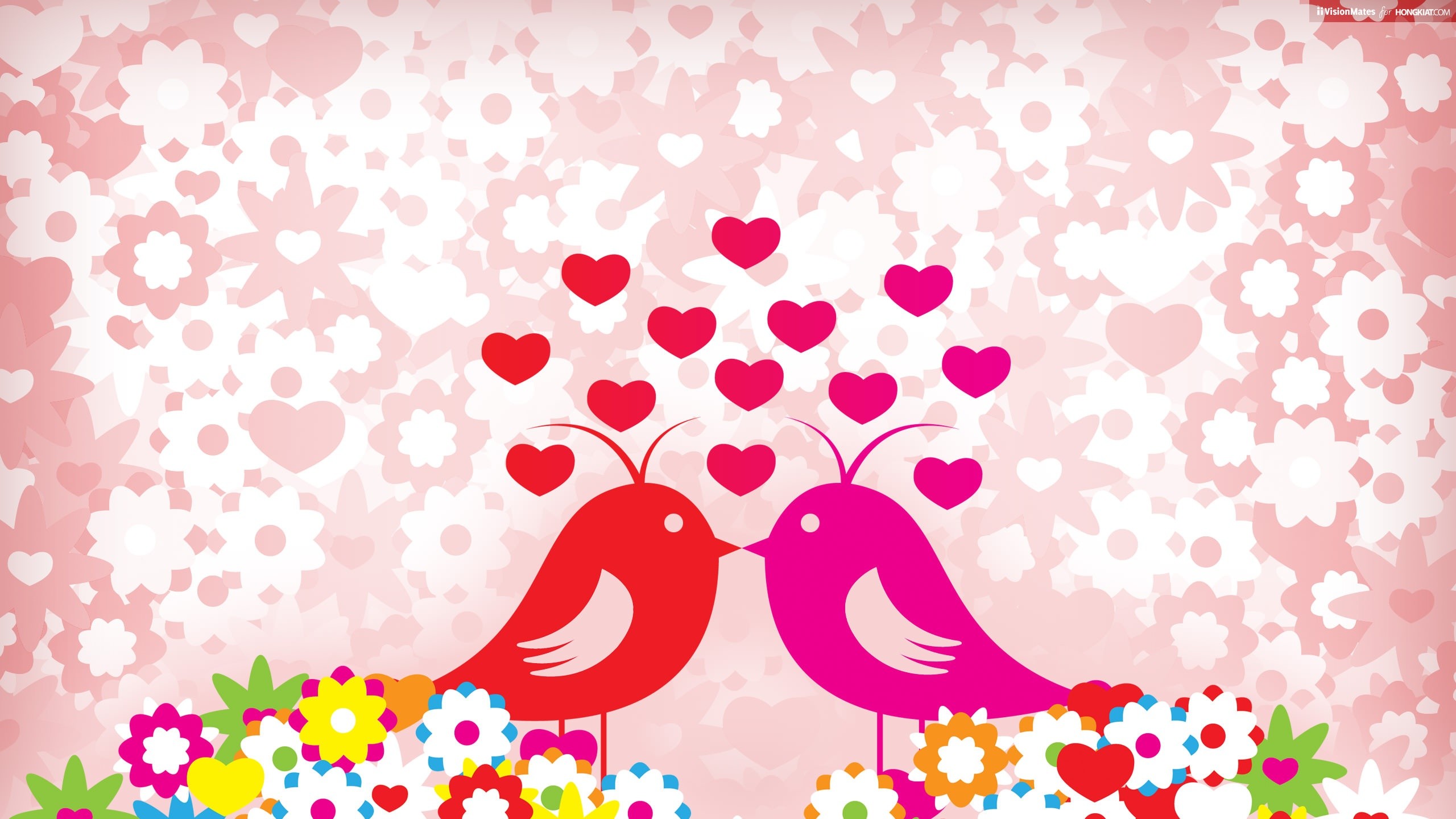 Uccellini innamorati, Cuori, Fiori, Illustrazione, 2K, sfondo per portatile