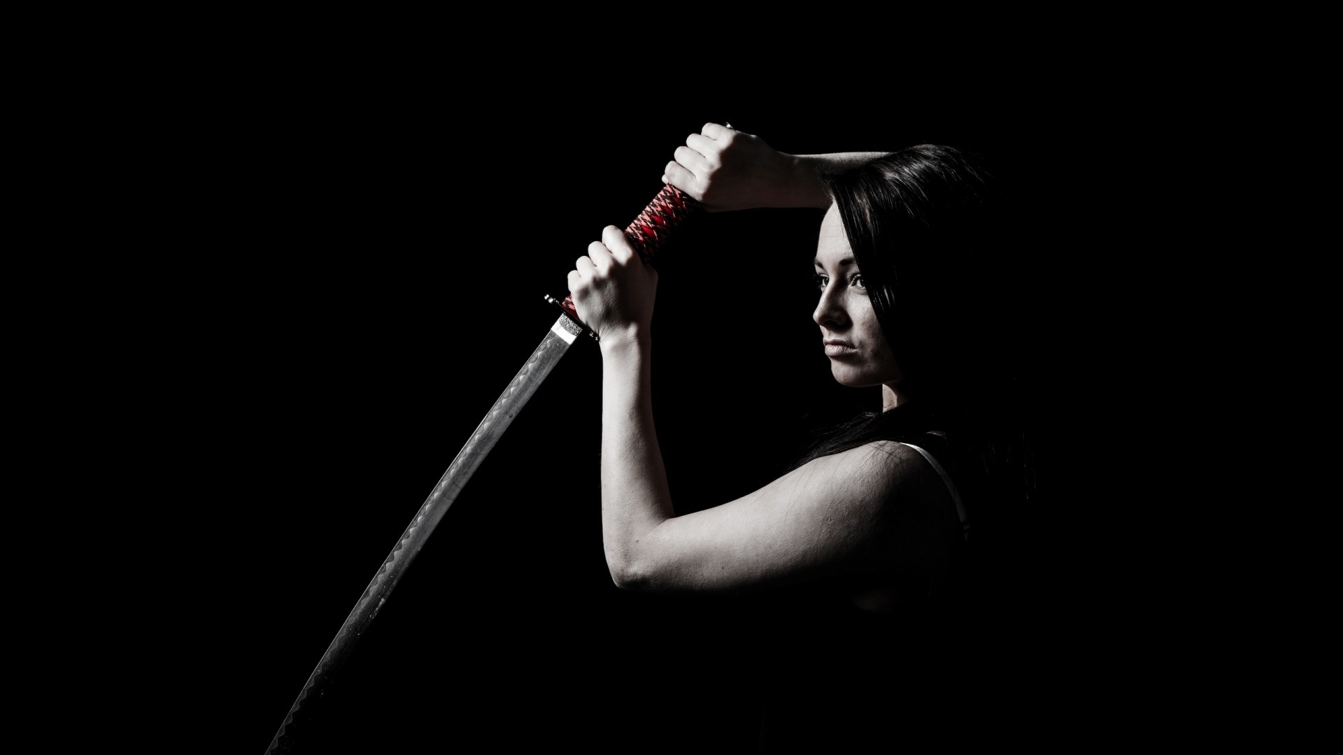 Katana, Donna, Bianco e nero, Sfondo nero, 1920x1080, wallpaper desktop