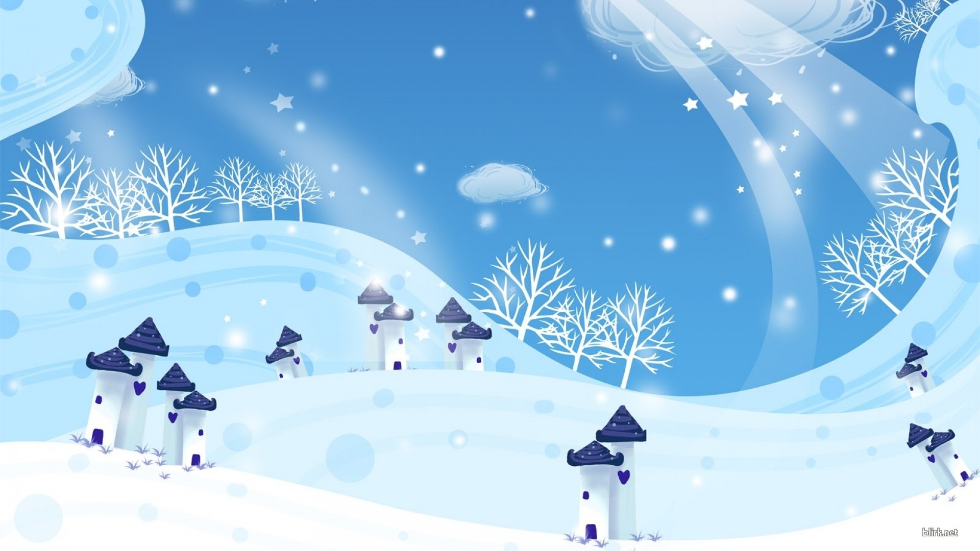 Paesaggio invernale, Casette, Alberi spogli, Illustrazione, Azzurro, sfondo Full HD per portatile