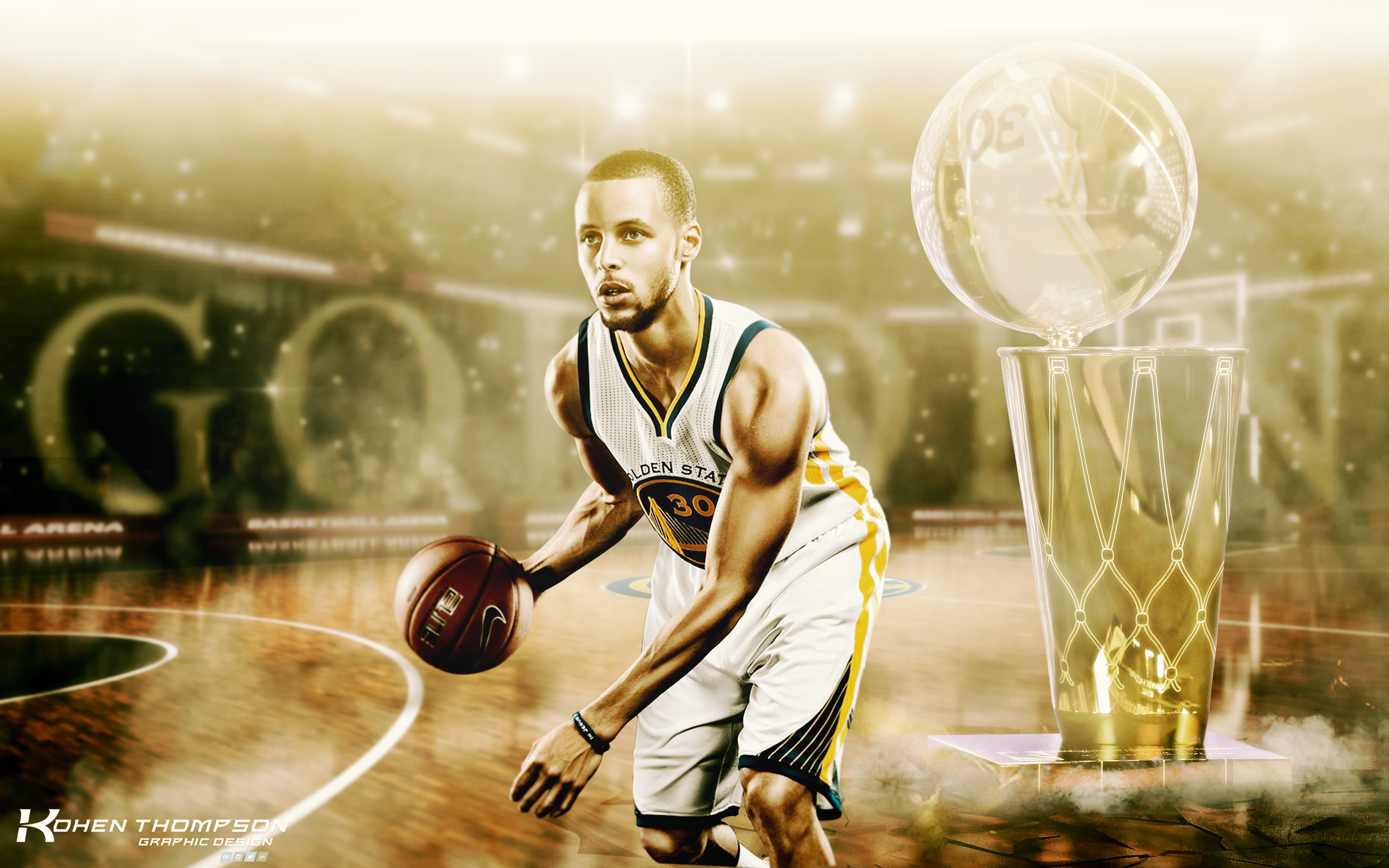 Stephen Curry, Larry O'Brien Trophy, Golden State Warriors, Dribbling, sfondo 2880x1800 per PC