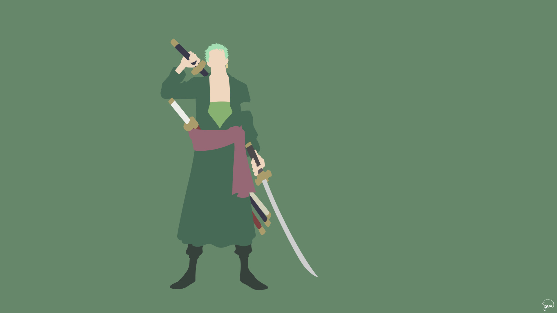 Roronoa Zoro, One Piece, Katane, Minimalista, Sfondo verde, Full HD, wallpaper per PC