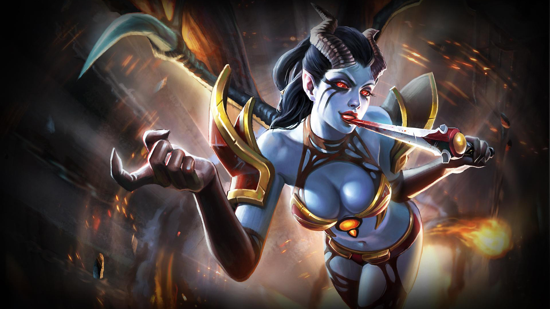 Queen of Pain, Dota 2, Pugnale, Fiamme, Full HD, wallpaper per portatile