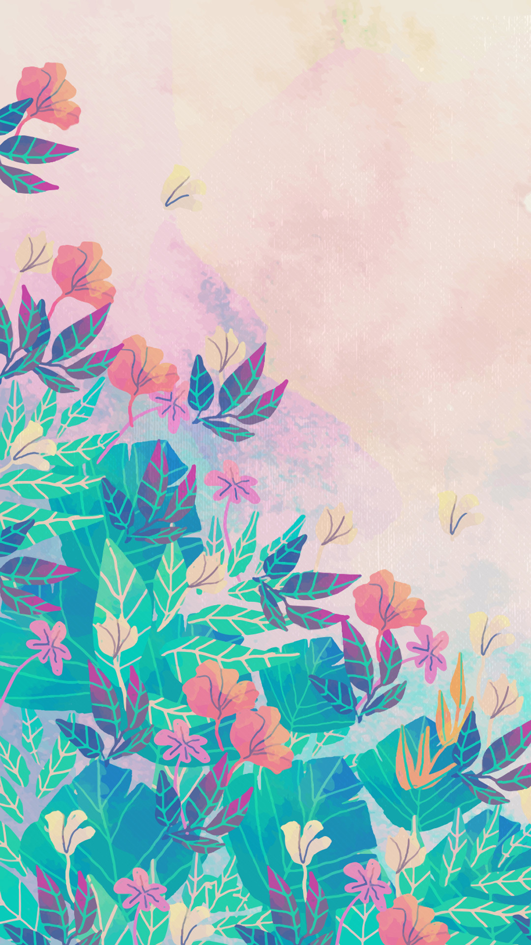 Fiori tropicali, Acquerello, Foglie, Rosa, Full HD, wallpaper per smartphone