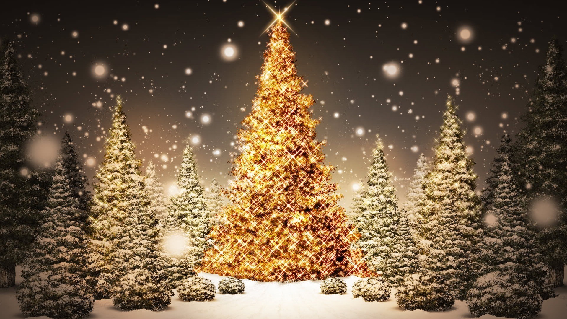 Albero di Natale dorato, Abeti, Neve, Luci, Full HD, sfondo per desktop