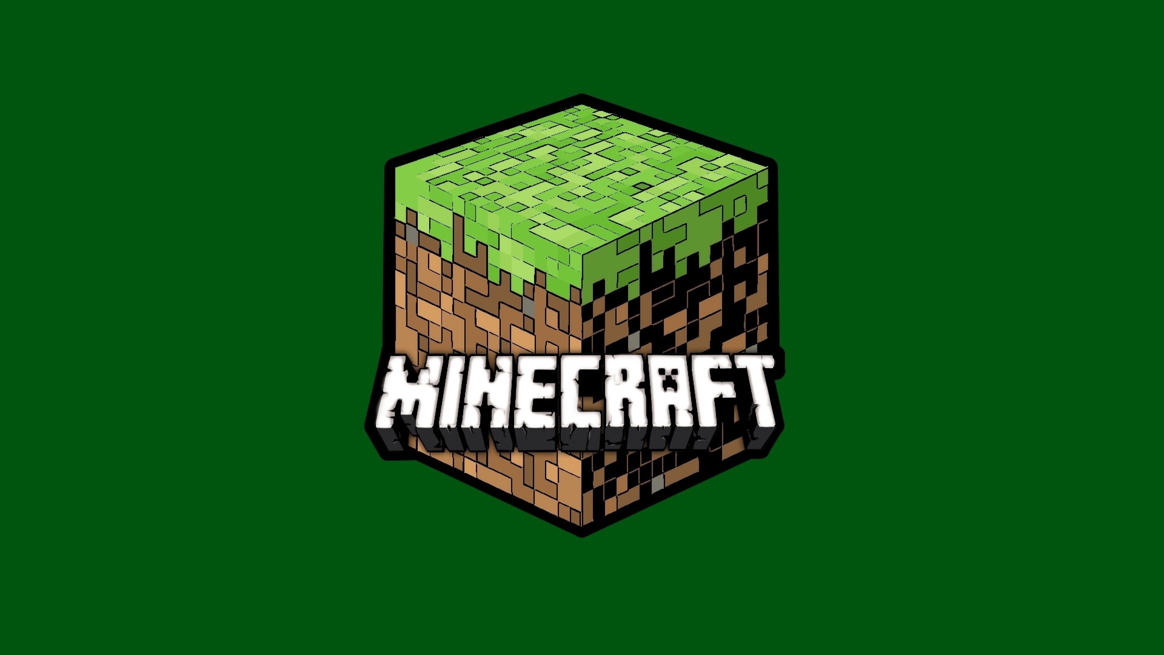 Minecraft, Logo, Blocco d'erba, Sfondo verde, 4K, wallpaper per portatile