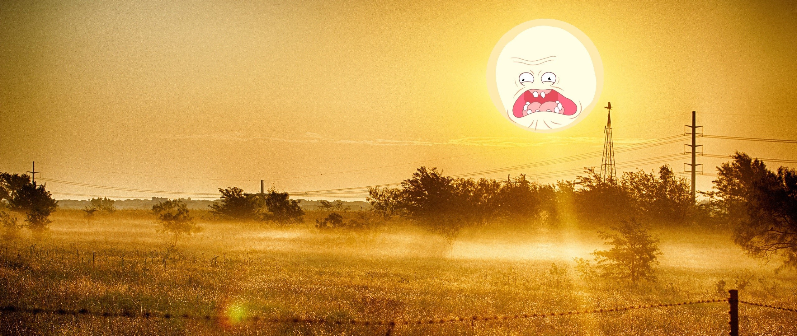 Screaming Sun, Rick and Morty, Nebbia, Campagna, 21:9 1080p, sfondo per monitor ultrawide