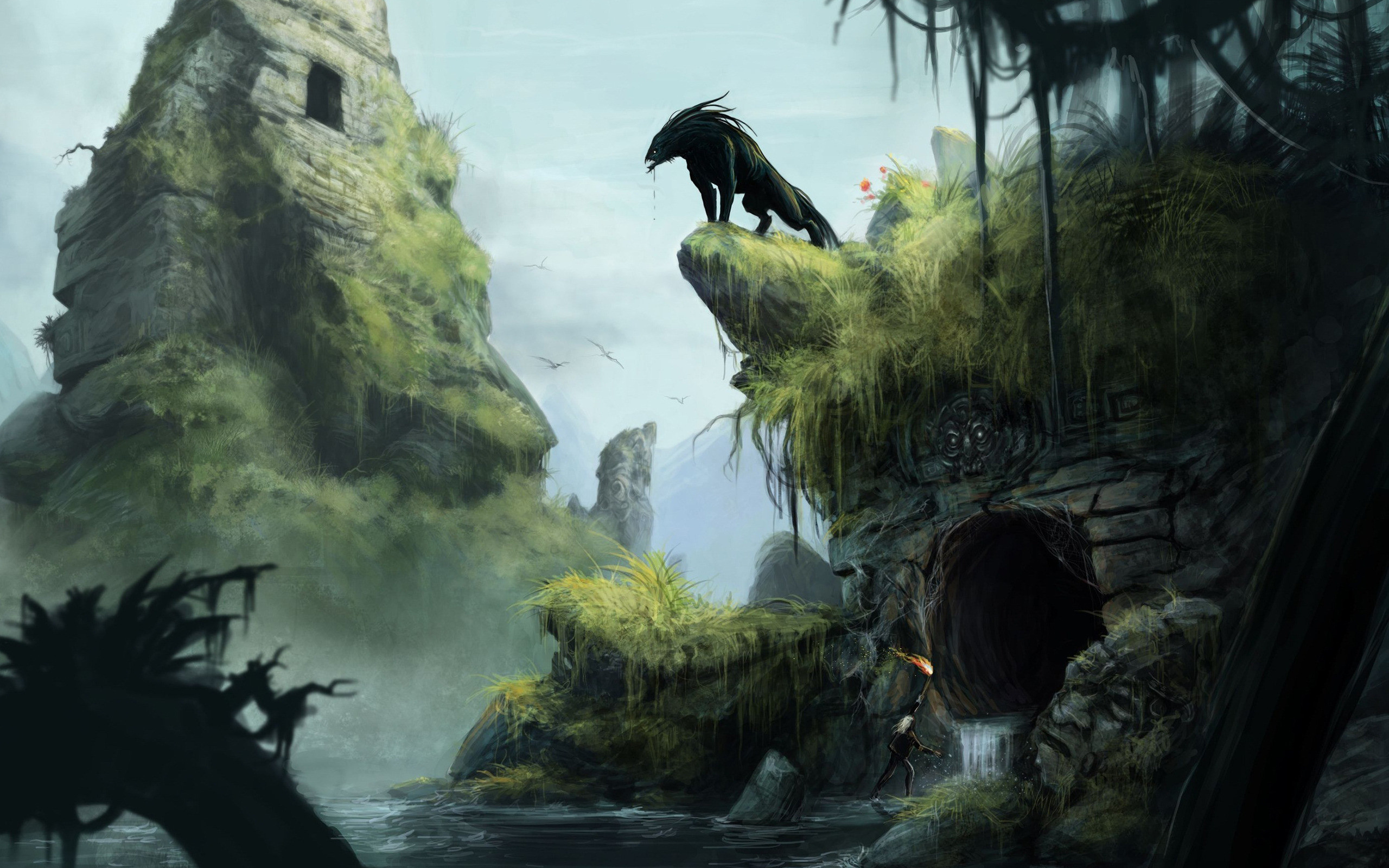 Lupo mannaro, Rovine, Giungla, Fantasy, 2K, sfondo per PC