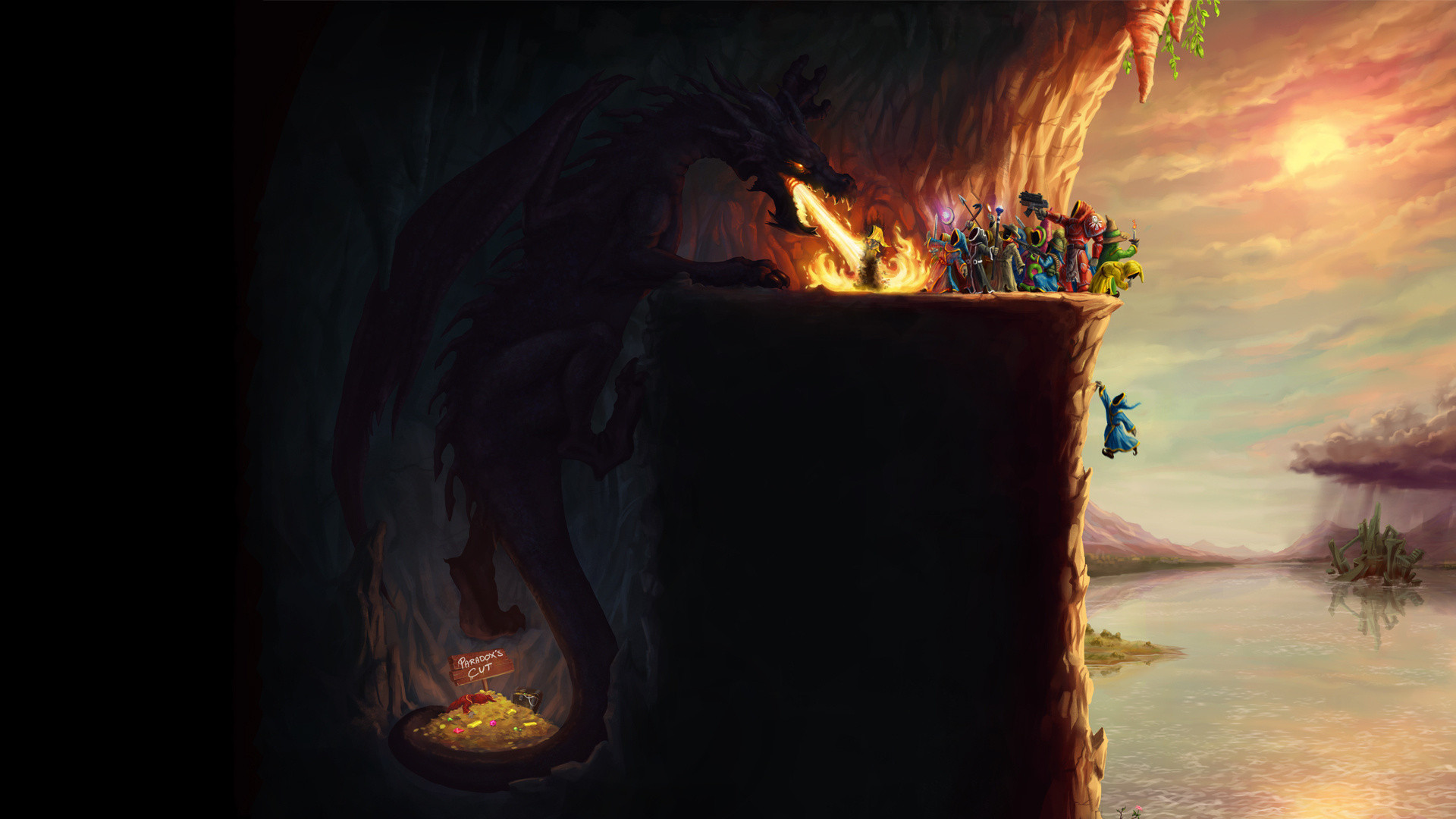 Drago, Grotta, Tesoro, Eroi, Arte fantasy, 1920x1080, immagine di sfondo