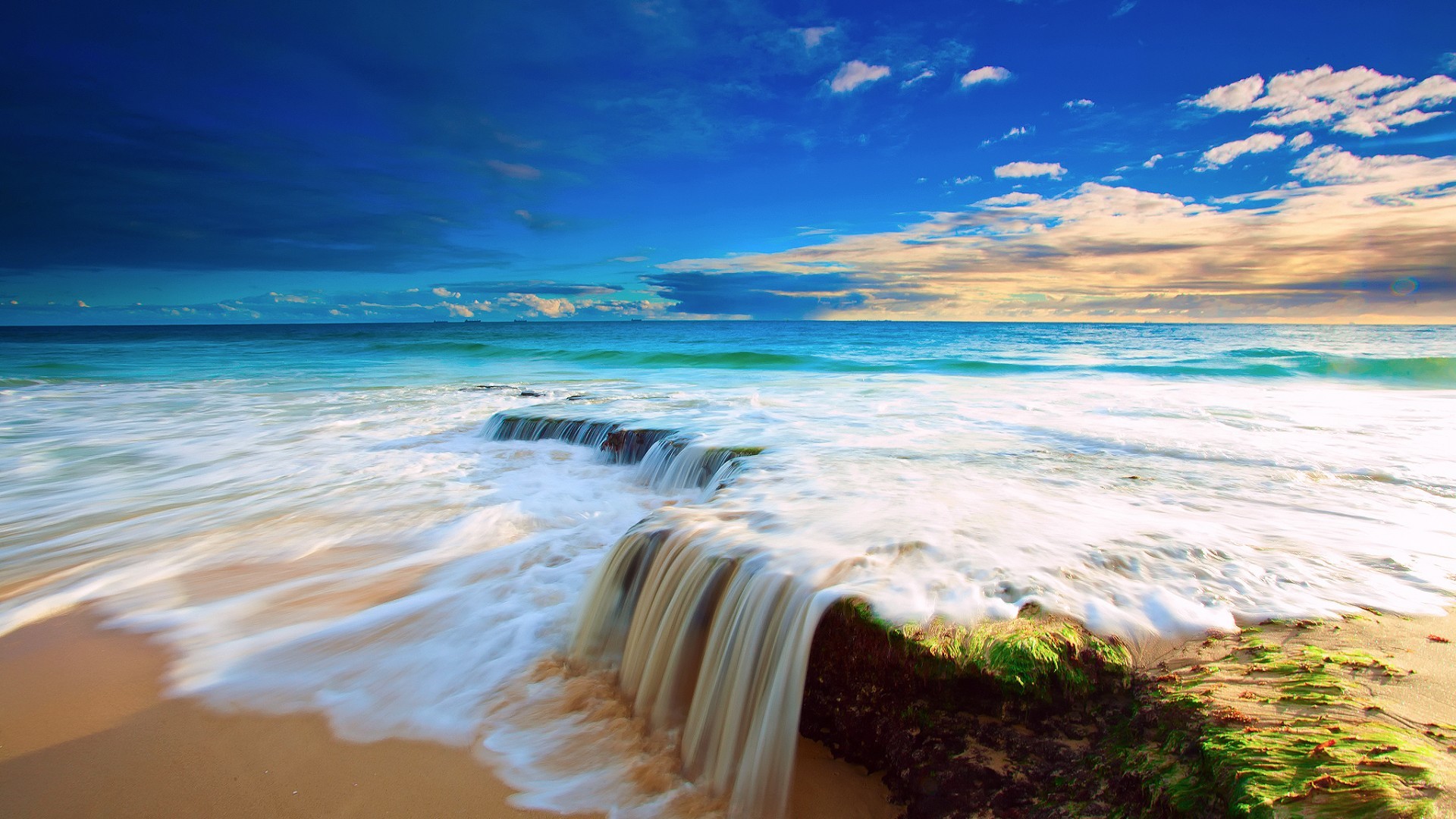 Onde, Cascata sulla spiaggia, Mare, Lunga esposizione, Full HD, sfondo Windows 11