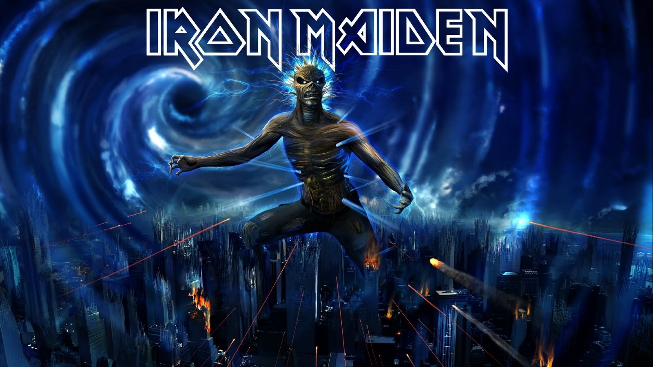 Eddie, Iron Maiden, Logo, Vortice, Città, 2K, sfondo per portatile