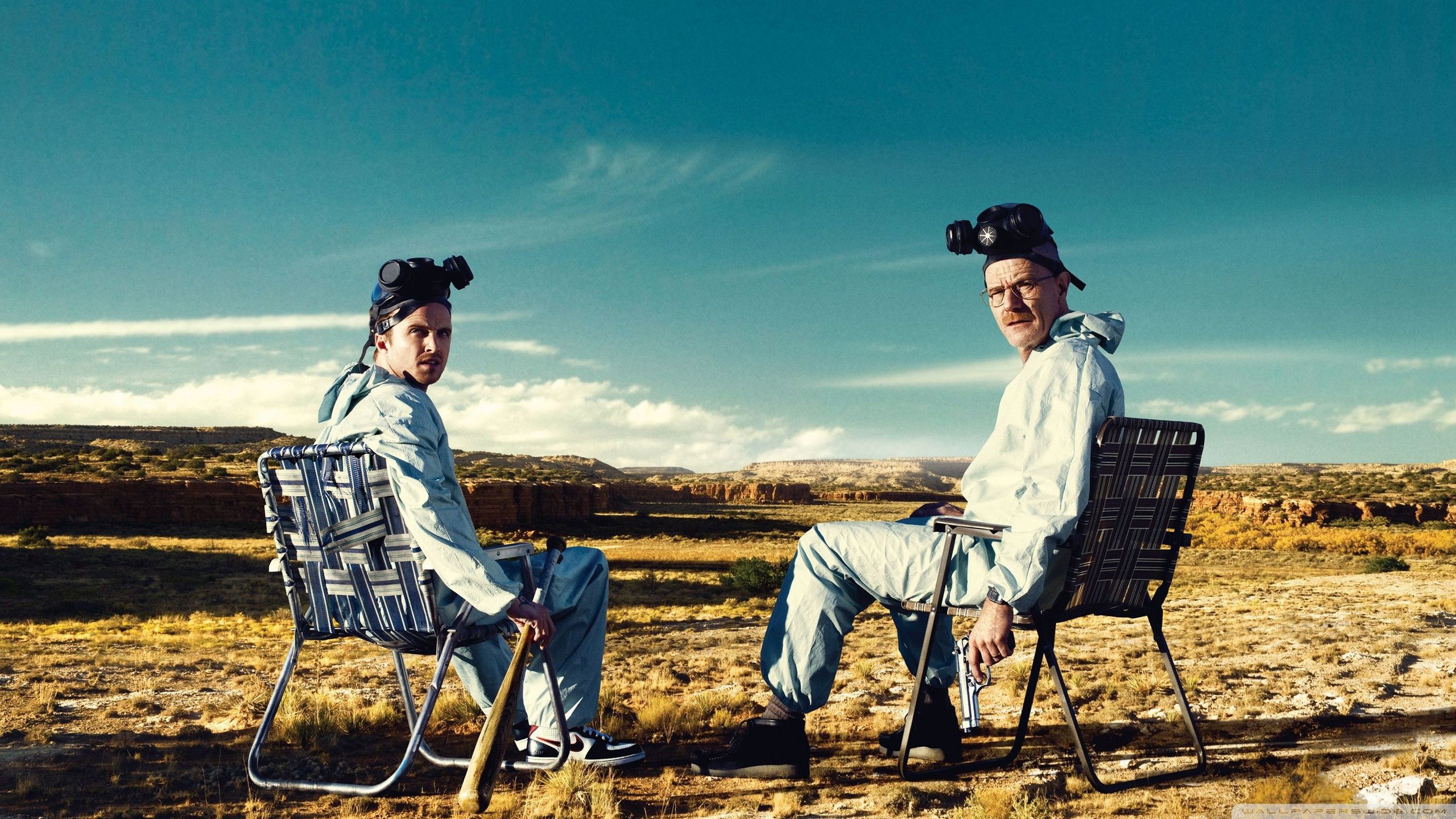 Walter White, Jesse Pinkman, Breaking Bad, Deserto, Sedie da campeggio, sfondo 2K per portatile