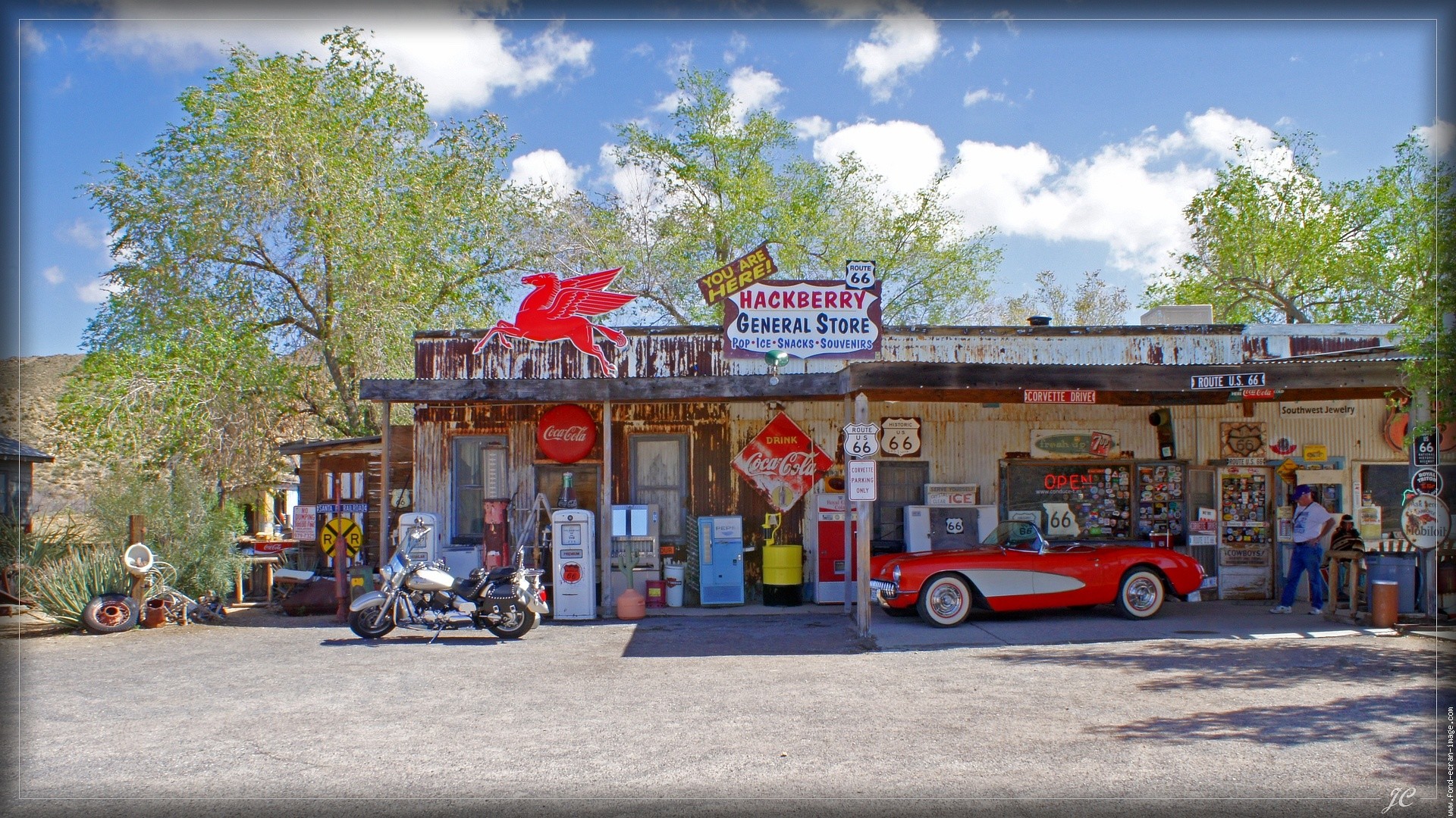 Hackberry General Store, Route 66, Arizona, Chevrolet Corvette, Pompe di benzina, immagine di sfondo