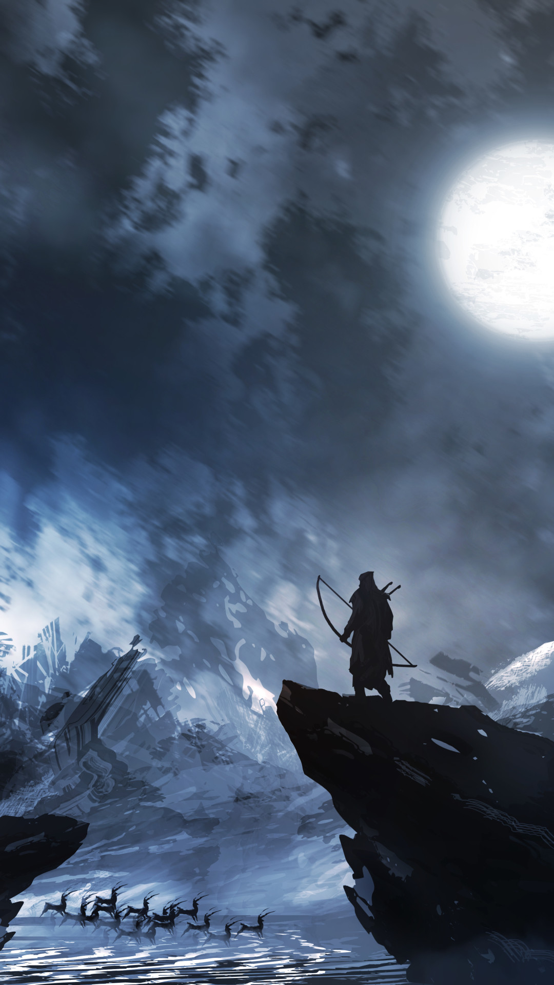 Guerriero, Scogliera, Luna piena, Neve, Full HD, schermata di blocco del cellulare