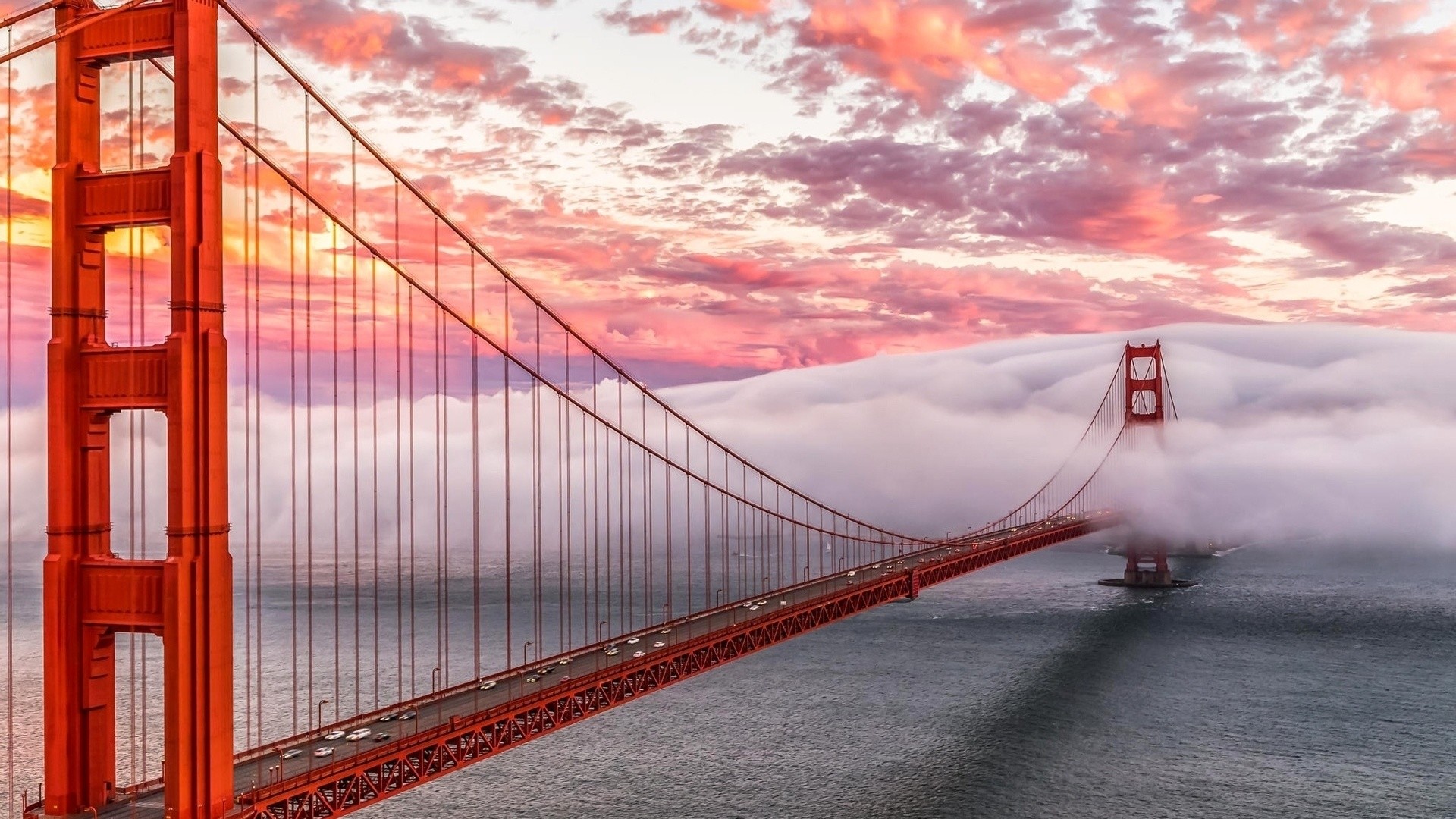 Golden Gate Bridge, San Francisco, Nebbia, Nuvole rosa, Full HD, sfondo per PC e portatile