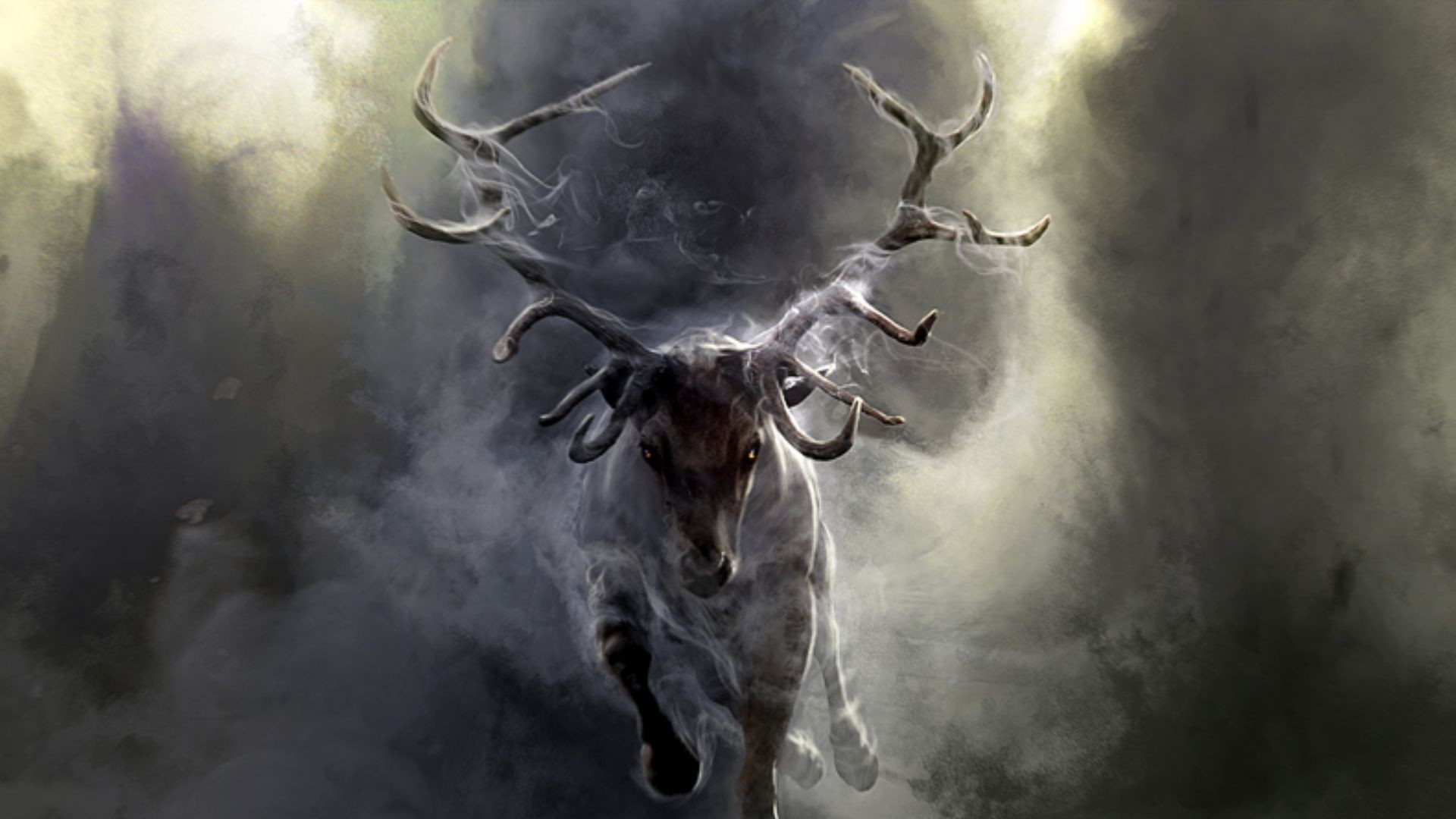 Cervo, Fumo, Arte surreale, Bosco nebbioso, Full HD 1080p, sfondo desktop