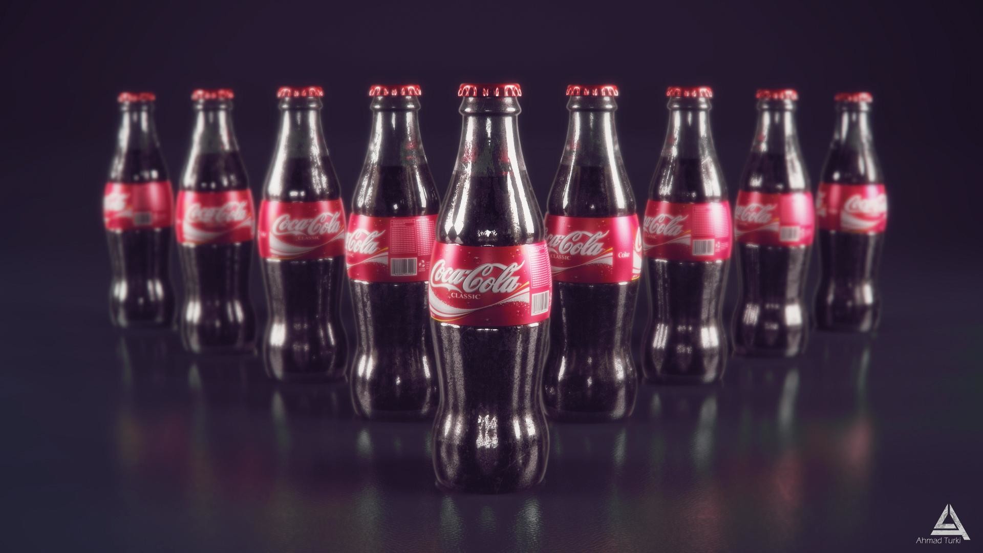 Coca-Cola, Bottiglie di vetro, Riflesso, Sfondo scuro, Full HD, wallpaper per computer
