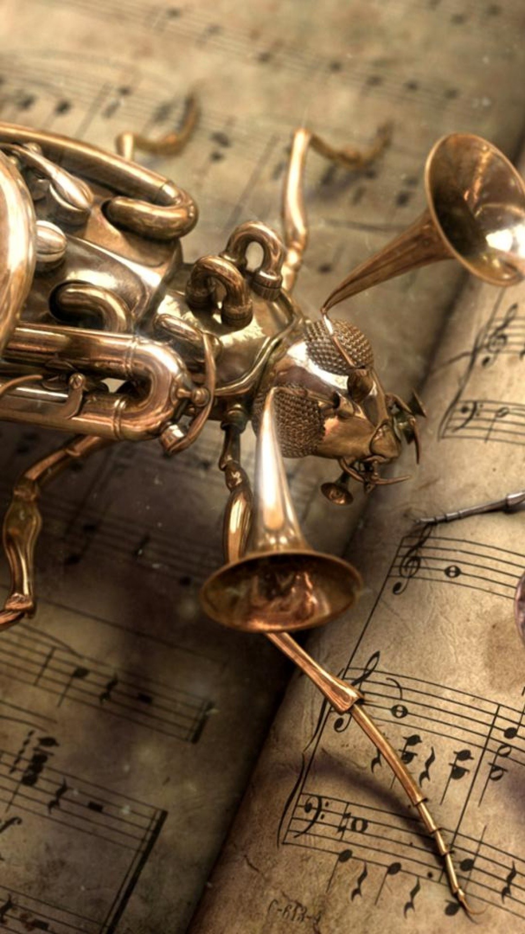 Tromba, Spartito, Steampunk, Ottone, Full HD, sfondo per smartphone