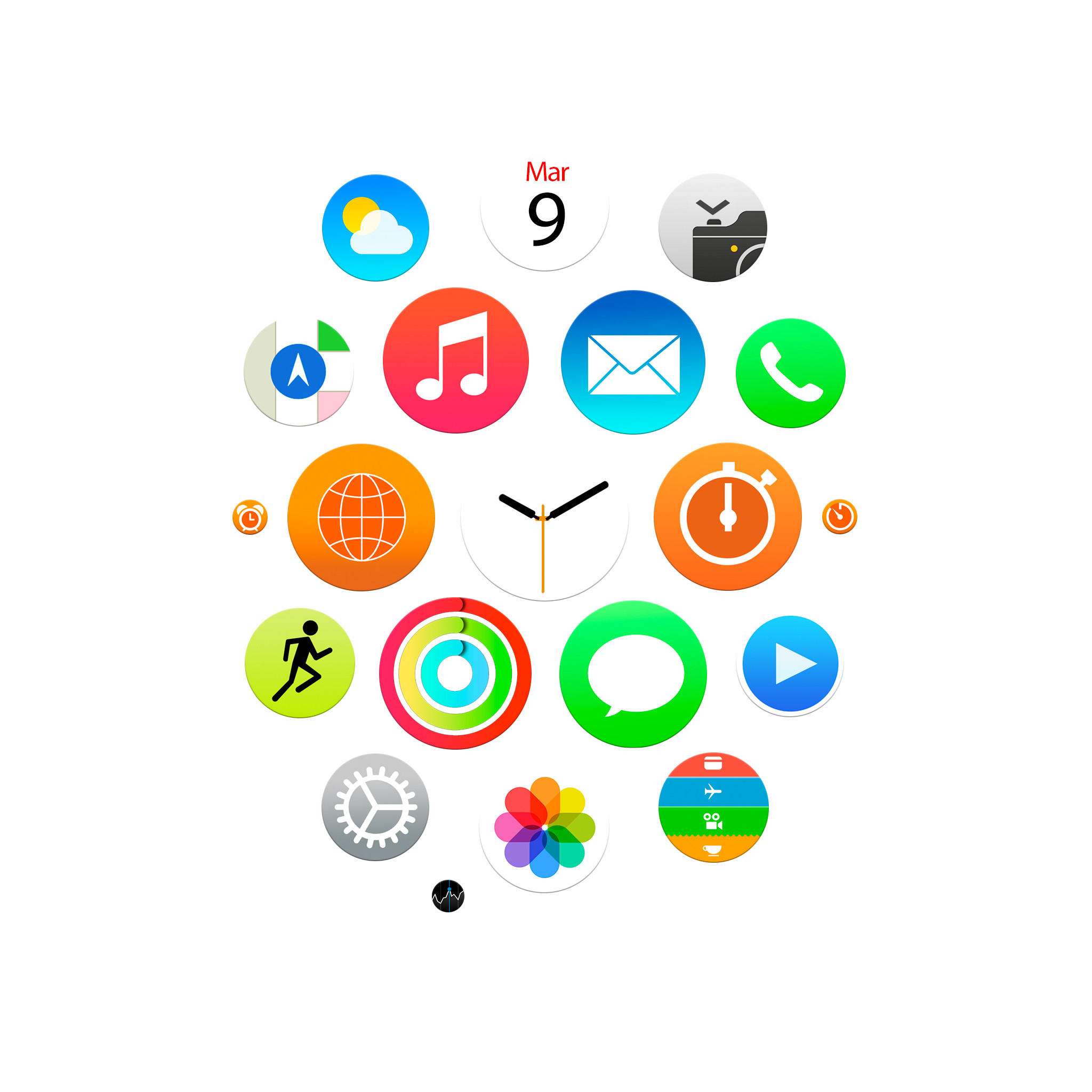 Apple Watch, Icone app, watchOS, Sfondo bianco, Full HD, schermata di blocco iPad