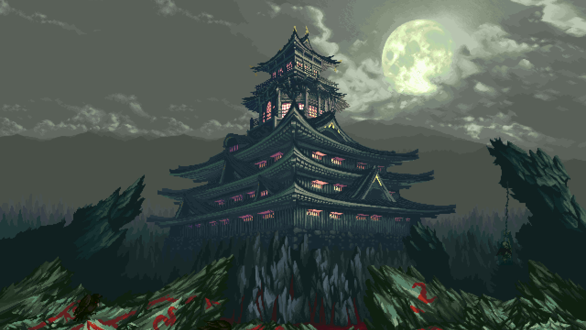 Pixel art, Castello giapponese, Luna piena, Nuvole, Full HD, sfondo per PC