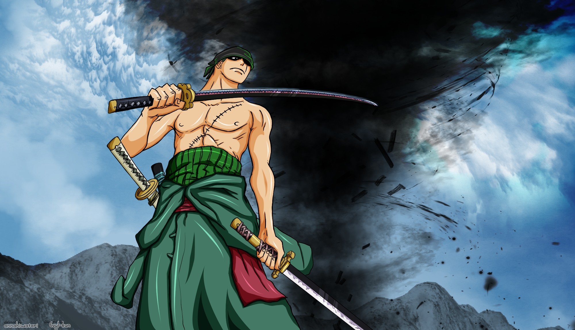 Roronoa Zoro, One Piece, Santoryu, Cielo tempestoso, Montagne, Full HD, sfondo per PC