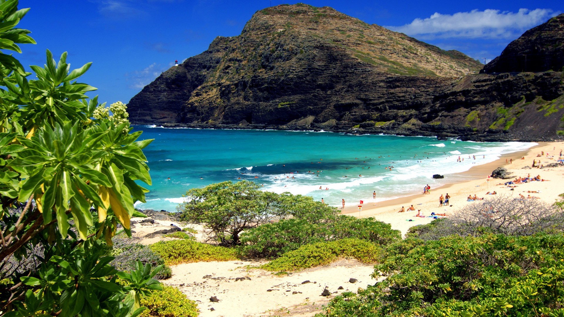 Makapuu Beach, Oahu, Hawaii, Spiaggia, Montagne, 16:9 Full HD, sfondo widescreen