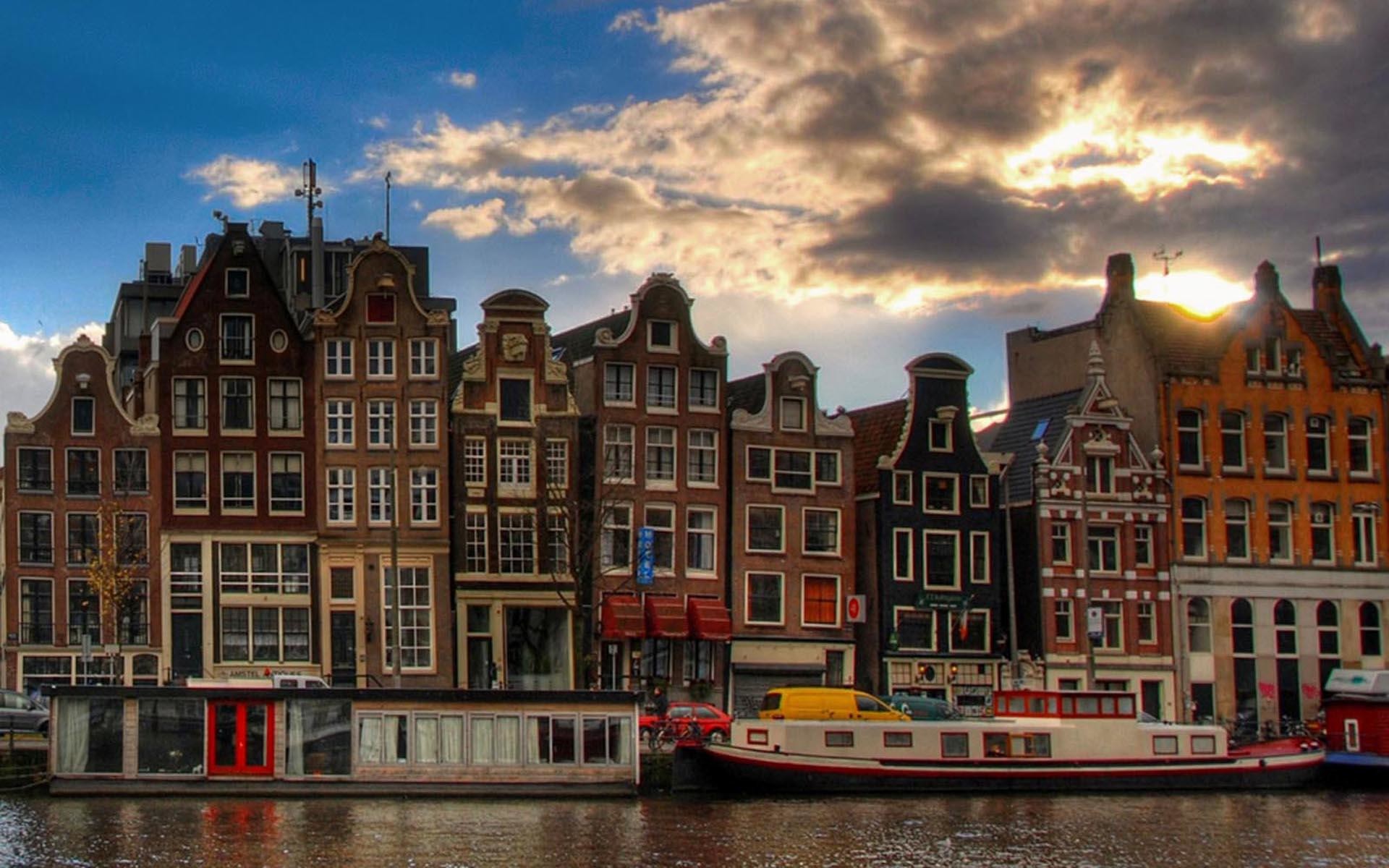 Amsterdam, Case a timpano, Case galleggianti, Nuvole, Tramonto, 1920x1200, immagine di sfondo