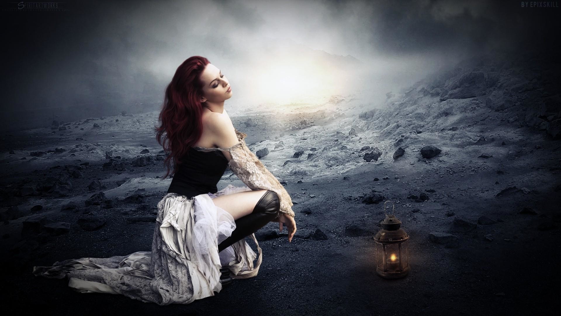 Donna gotica, Lanterna, Paesaggio desolato, Full HD 1080p, sfondo desktop