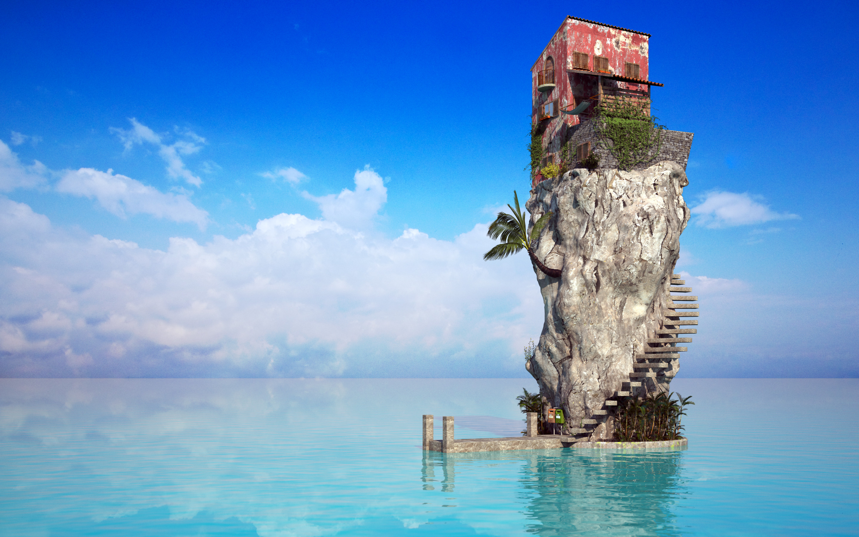 Mare, Arte surreale, Casa sulla roccia, Fotomontaggio, 2880x1800, wallpaper desktop