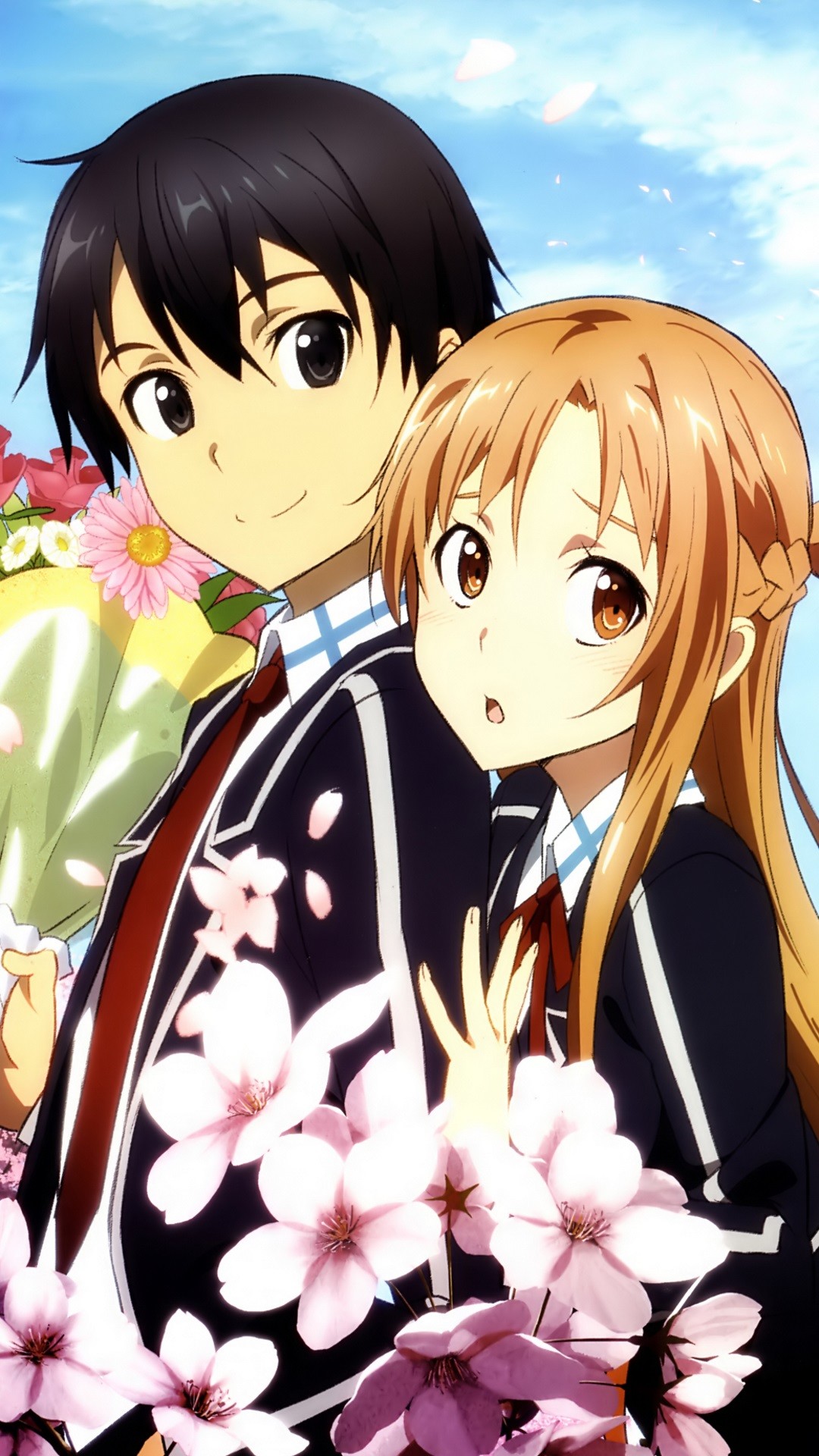 Kirito, Asuna, Sword Art Online, Fiori di ciliegio, 1080x1920, schermata di blocco iPhone