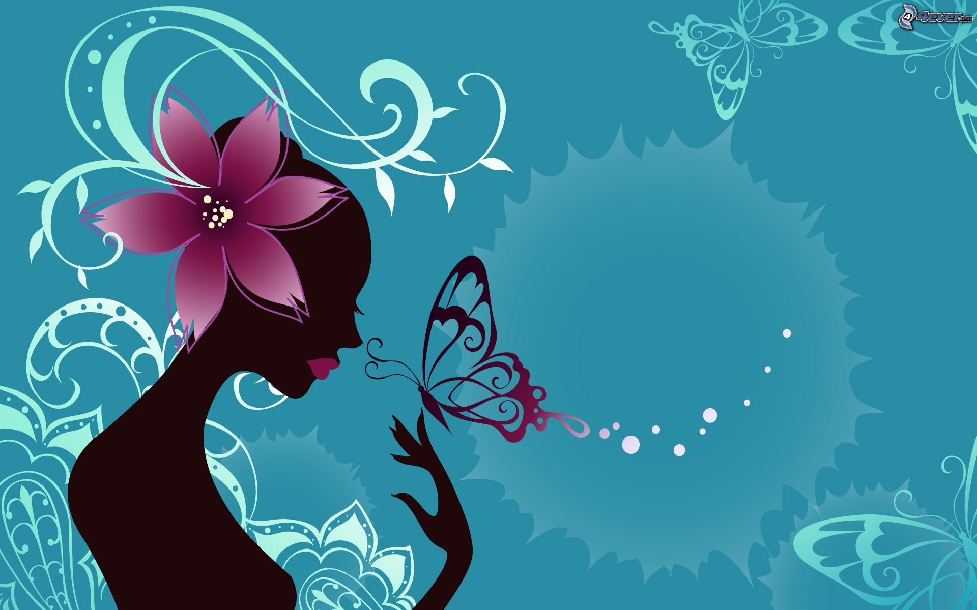 Farfalla, Silhouette, Donna, Fiore, Turchese, 1920x1200, immagine di sfondo