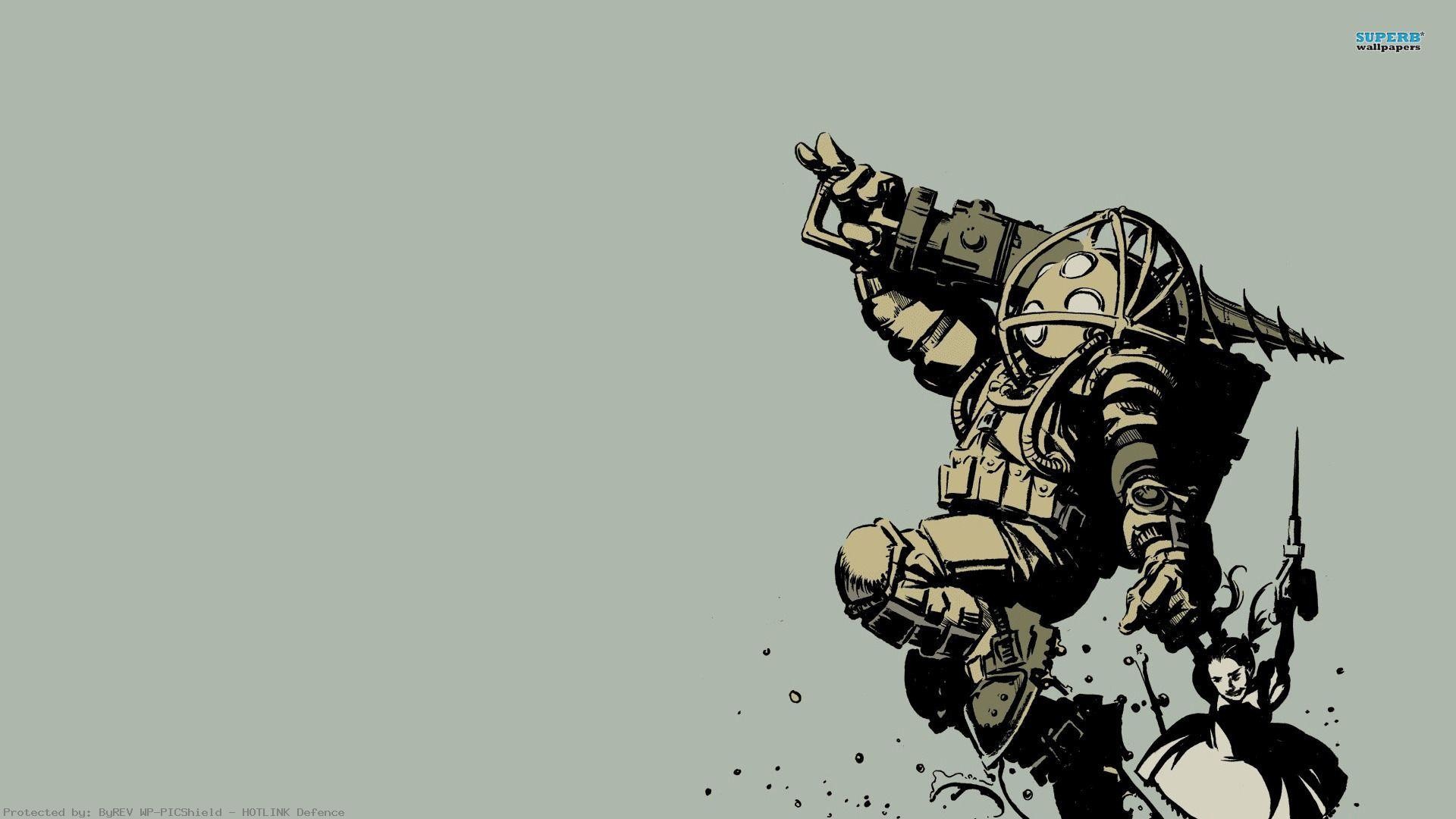 Big Daddy, Little Sister, BioShock, Inchiostro, Grigio, Full HD, sfondo desktop