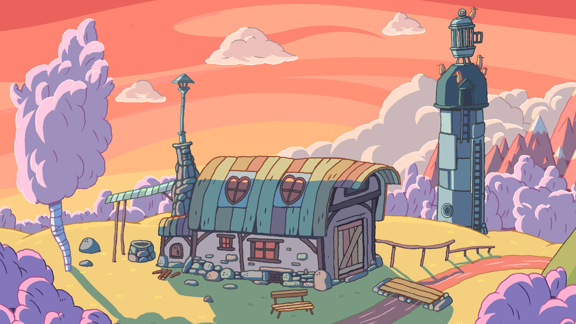 Adventure Time, Fattoria, Torre, Cielo rosa, Full HD, sfondo Windows 11
