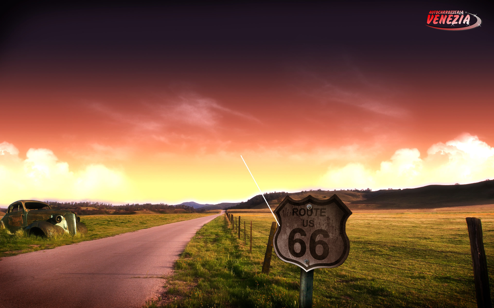 Route 66, Strada, Cartello stradale, Tramonto, Prateria, Full HD, sfondo desktop
